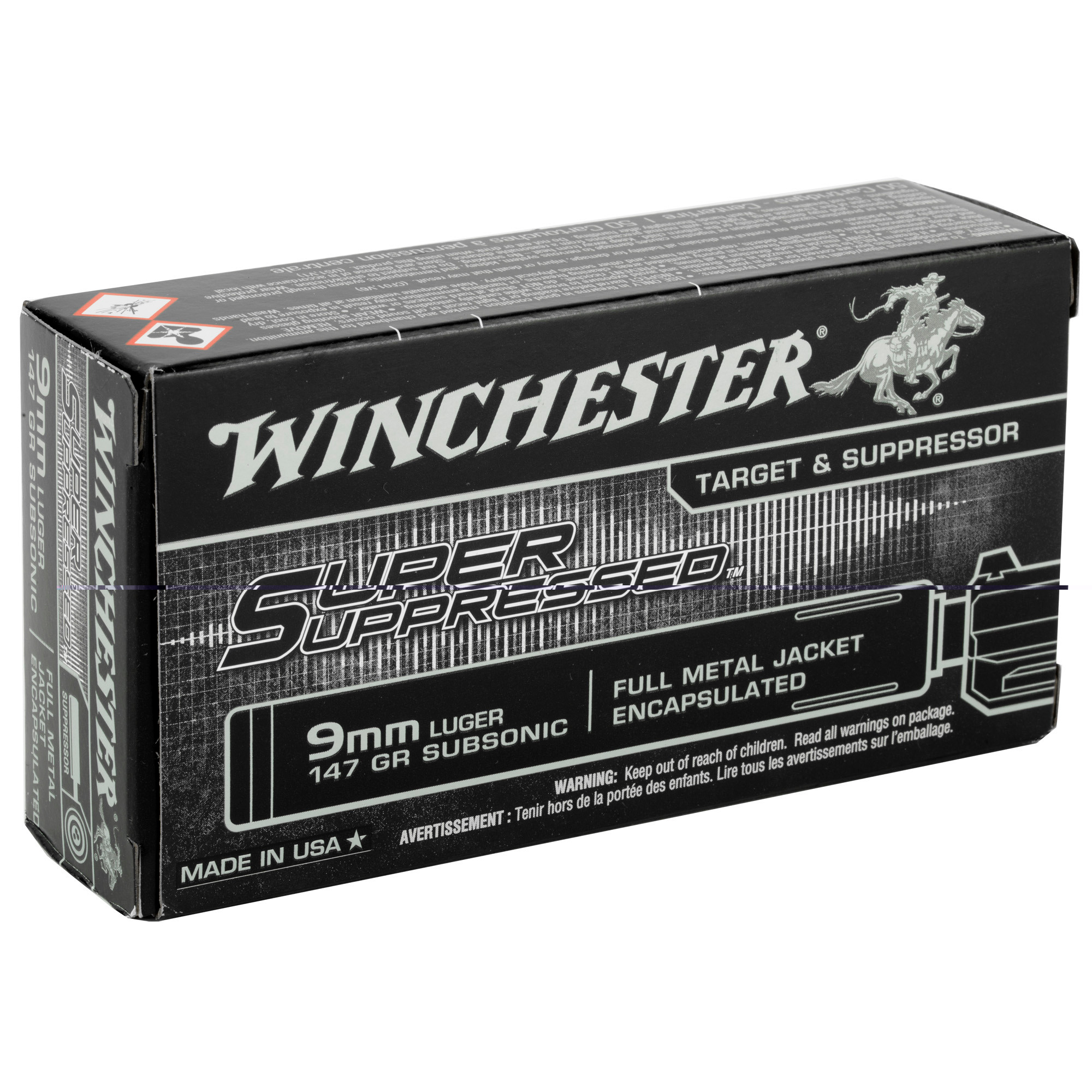 Winchester Ammo SUP9 Super Suppressed Target 9mm Luger Subsonic 147 gr Encapsulated Full Metal Jacket 50rd Bx
