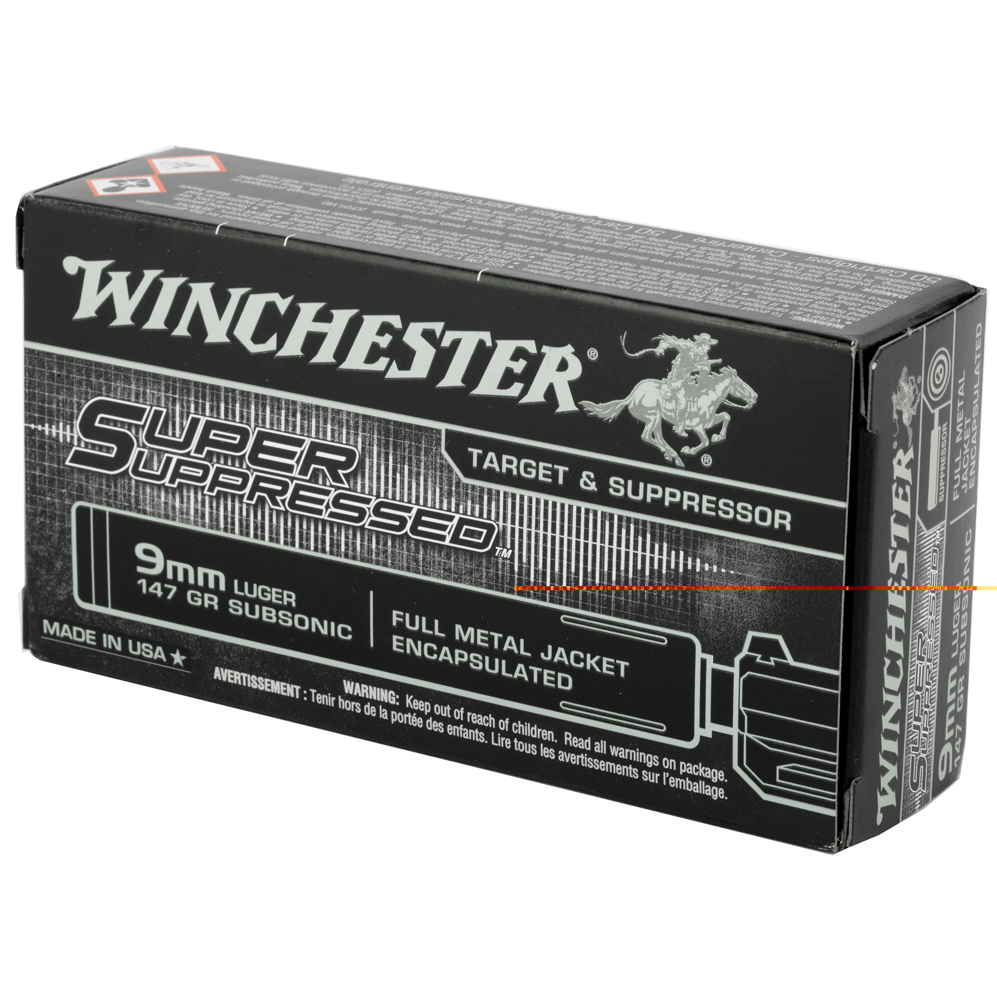 Winchester Ammo SUP9 Super Suppressed Target 9mm Luger Subsonic 147 gr Encapsulated Full Metal Jacket 50rd Bx