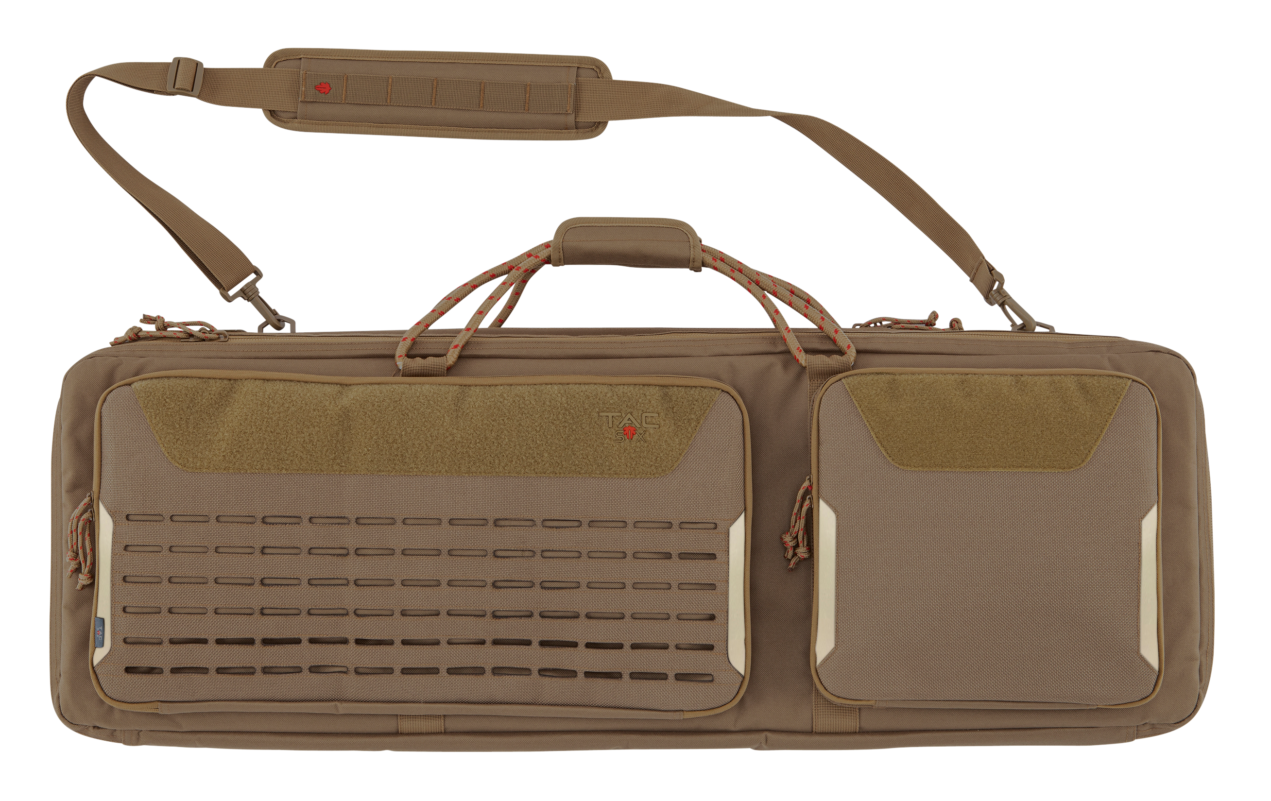 Tac Six 10839 Unit Tactical Case made of Coyote Polyester with Flexible Design, MOLLE, Storage Pockets, Rope Handles, Lockable Zippers & Detachable Padded Shoulder Strap Holds 2 Tactical Rifles 38" L x 13" W x 4" H Interior Dimensions