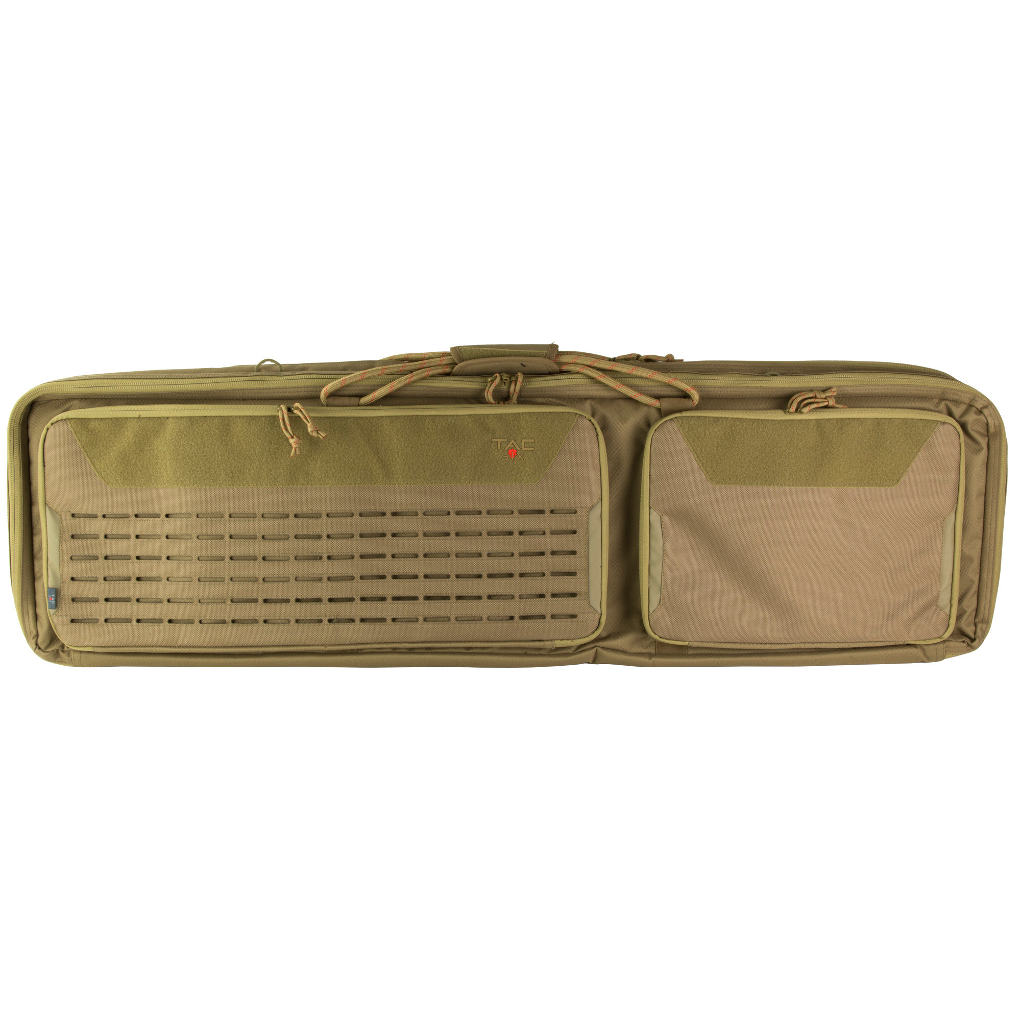 Tac Six 10839 Unit Tactical Case made of Coyote Polyester with Flexible Design, MOLLE, Storage Pockets, Rope Handles, Lockable Zippers & Detachable Padded Shoulder Strap Holds 2 Tactical Rifles 38" L x 13" W x 4" H Interior Dimensions
