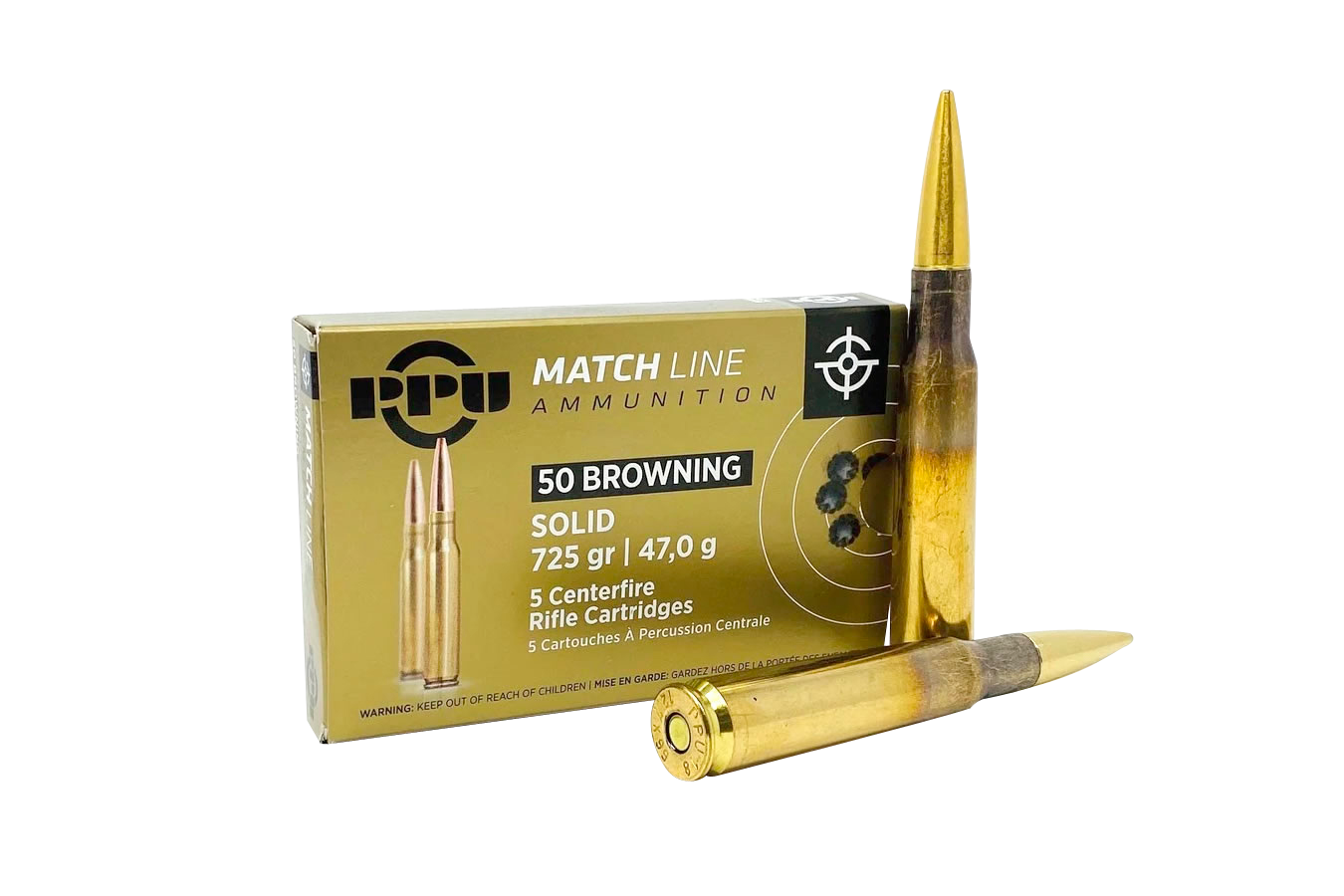PPU PPM50 Match Rifle 50 BMG 725 gr Full Metal Jacket Solid (FMJS) 5 Per Box/ 20 Cs
