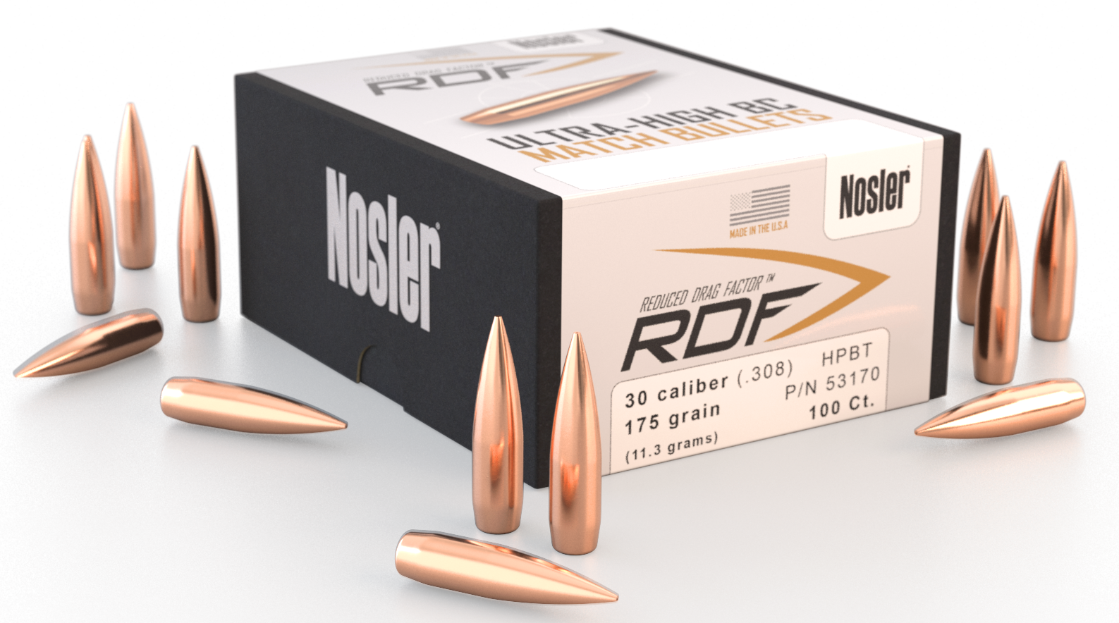 Nosler 53170 RDF Match 30 Cal .308 175 gr Hollow Point Boat-Tail (HPBT) 100 Per Box
