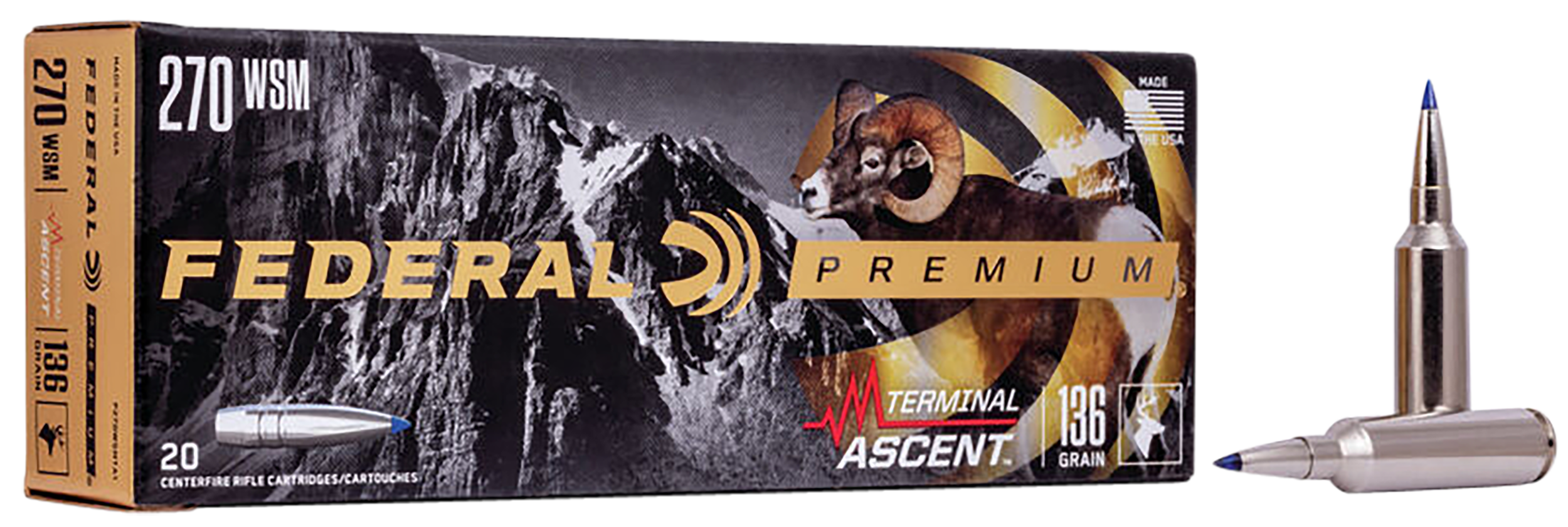 Federal Premium Terminal Ascent Ammunition 270 Winchester Short Magnum (WSM) 136 Grain Polymer Tip Bonded Boat Tail 20RD