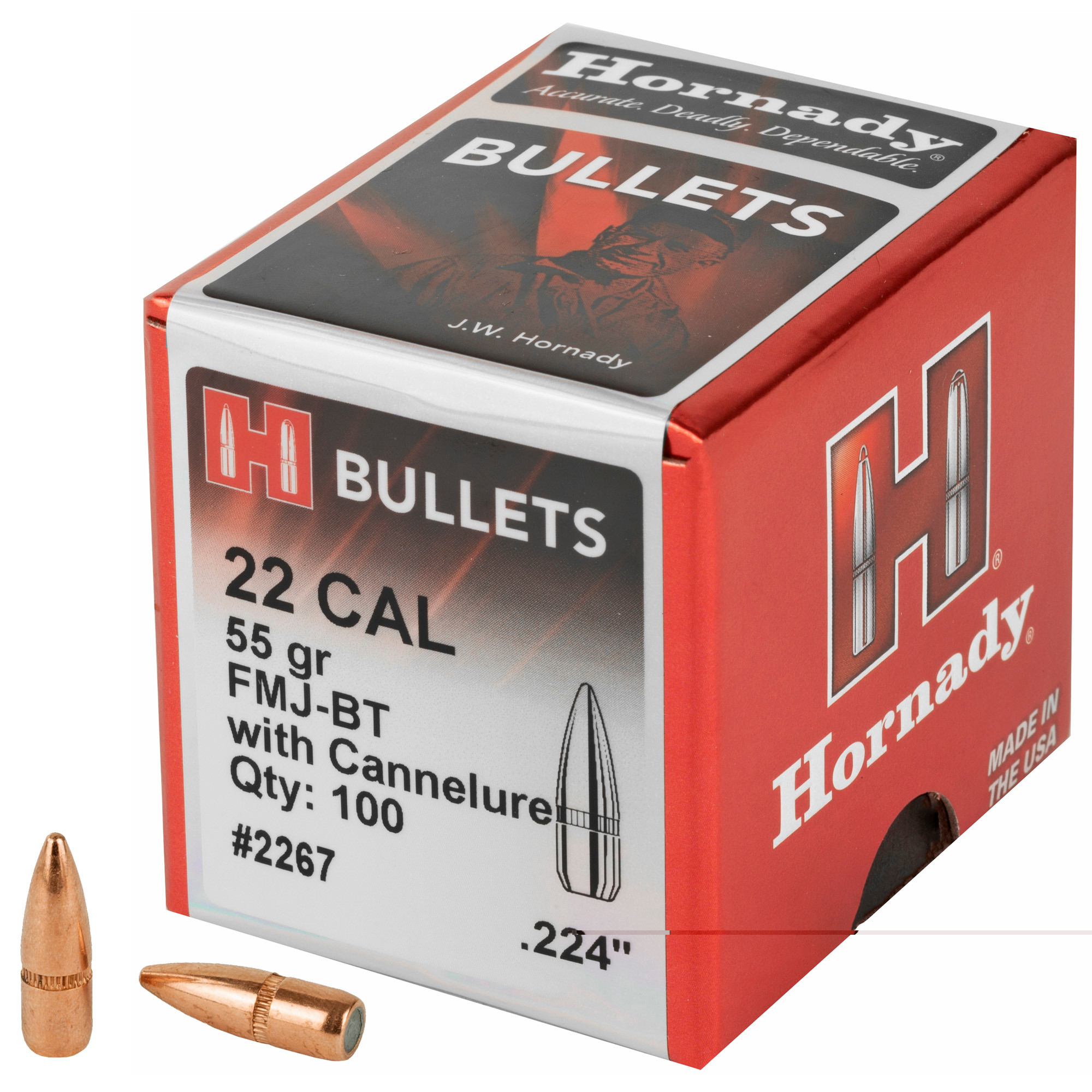 Hornady 2267 Traditional Target 22 Cal .224 55 gr Full Metal Jacket Boat-Tail (FMJBT)