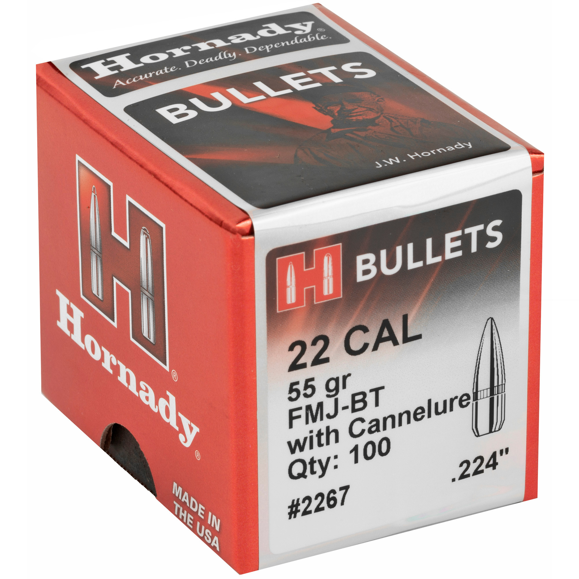 Hornady 2267 Traditional Target 22 Cal .224 55 gr Full Metal Jacket Boat-Tail (FMJBT)