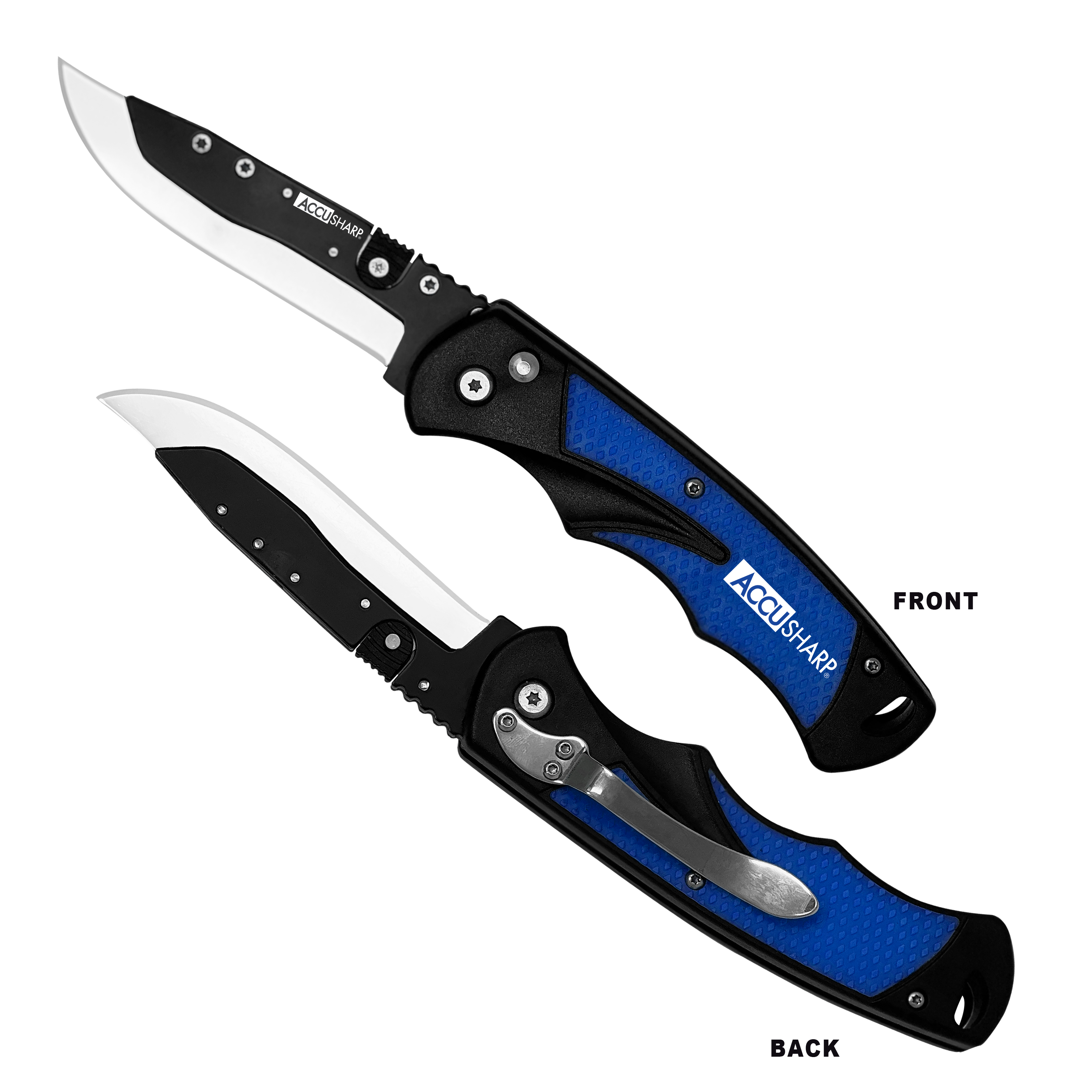 AccuSharp 743C Replaceable Blade Razor3.50" Folding Plain Stainless Steel Blade/Royal Blue Ergonomic Anti-Slip Anodized Aluminum Handle/Includes 2 Replacement Blades/Belt Clip