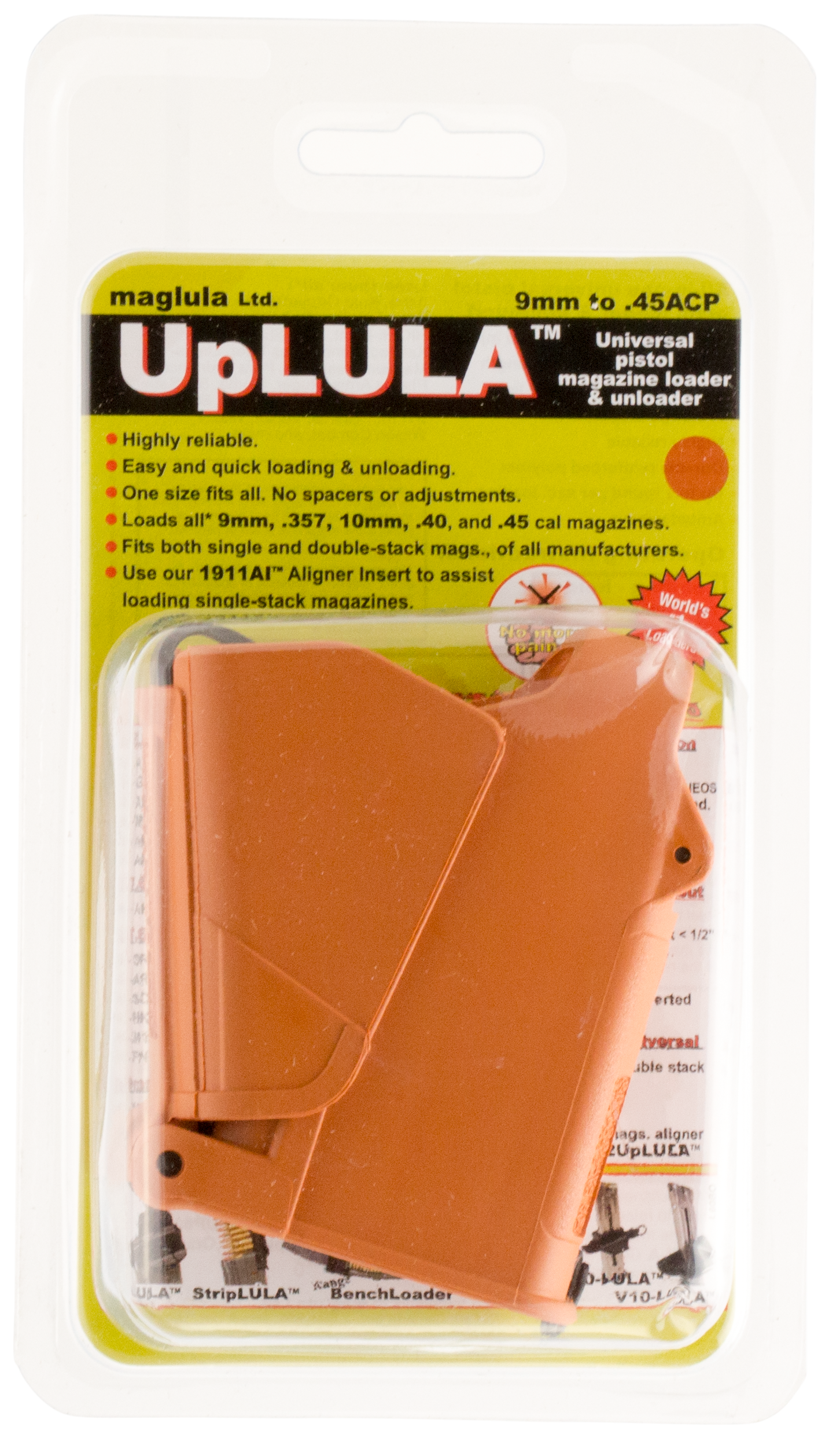 Maglula UP60BO UpLULA Loader & Unloader Double Stack Single Stack Orange Polymer 9mm Luger 45 ACP Pistols