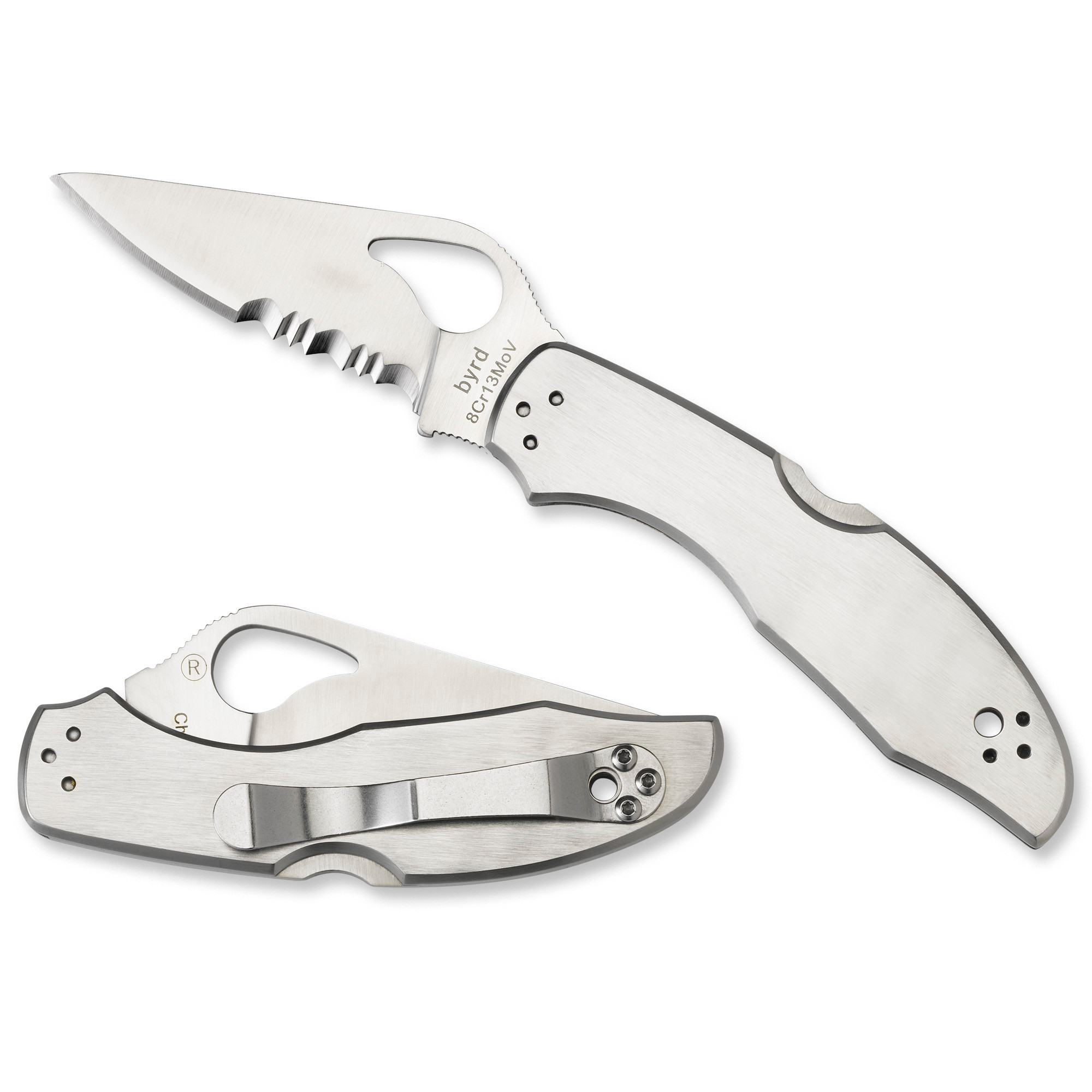 Spyderco BY04PS2 Byrd Meadowlark 2 2.94" Folding Clip Point Part Serrated 8Cr13MoV SS Blade Stainless Steel Handle Includes Pocket Clip