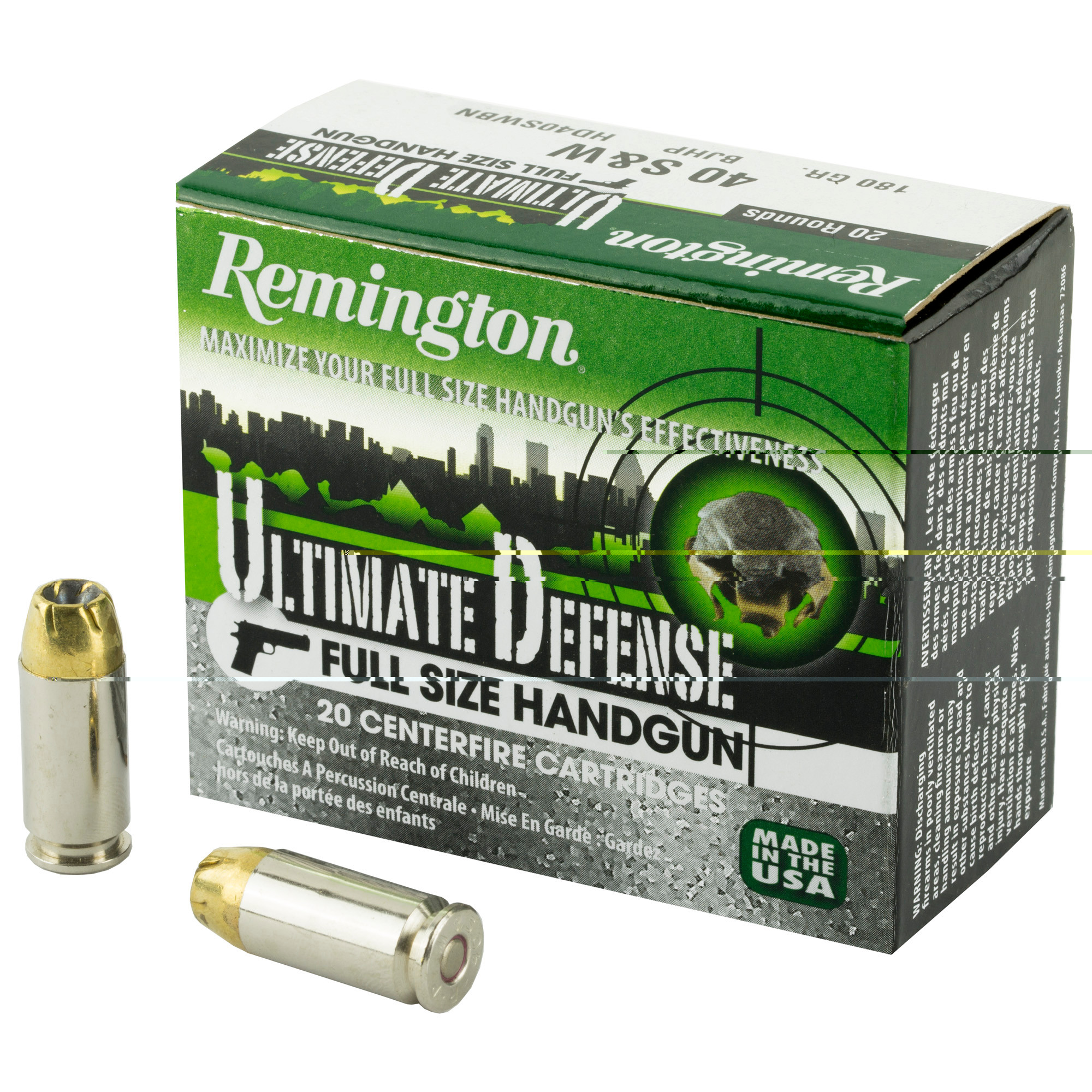 Remington Ammunition 28939 Ultimate Defense Full Size Handgun 40 S&W 180 gr Brass Jacket Hollow Point (BJHP) 20rd Bx