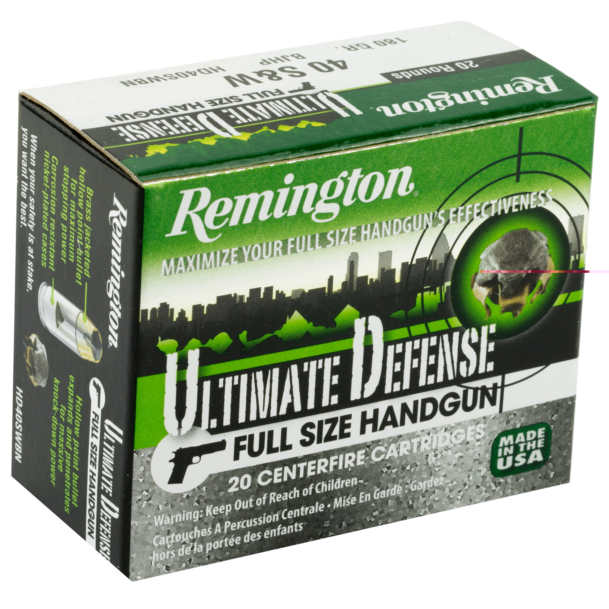 Remington Ammunition 28939 Ultimate Defense Full Size Handgun 40 S&W 180 gr Brass Jacket Hollow Point (BJHP) 20rd Bx