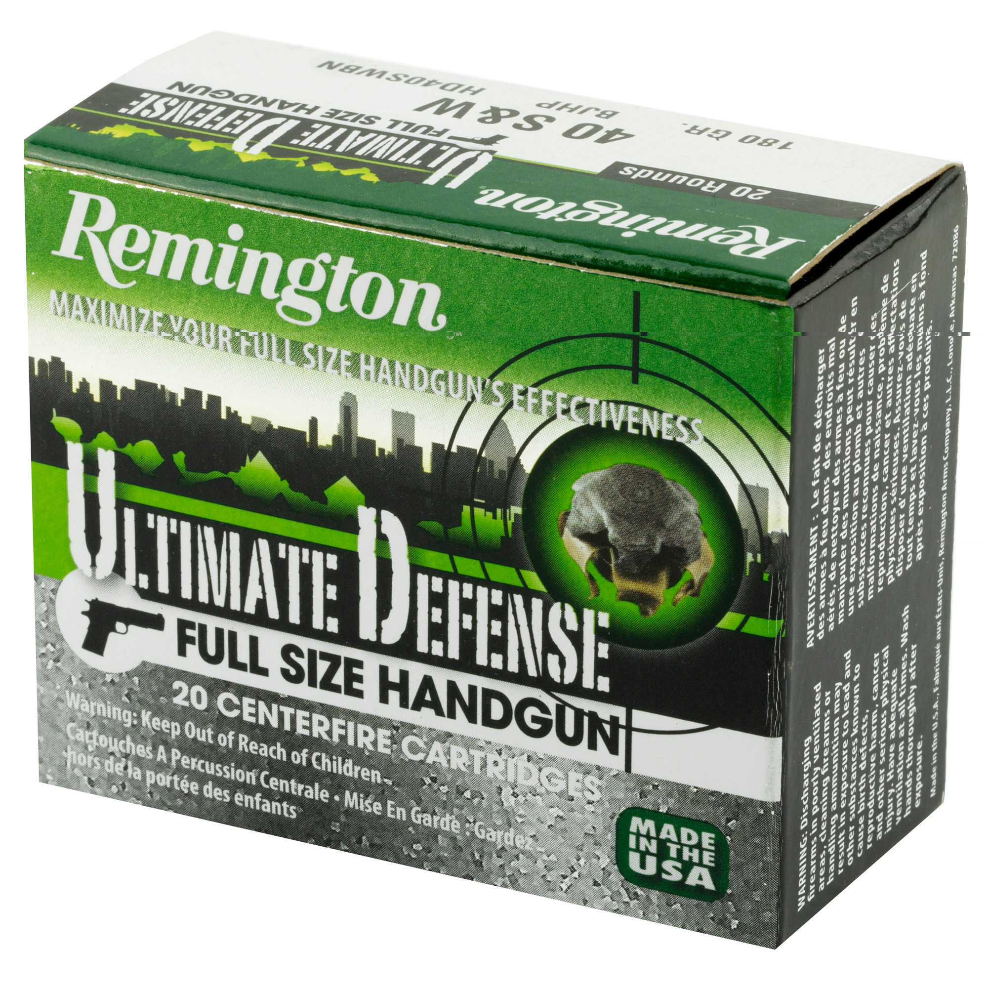 Remington Ammunition 28939 Ultimate Defense Full Size Handgun 40 S&W 180 gr Brass Jacket Hollow Point (BJHP) 20rd Bx