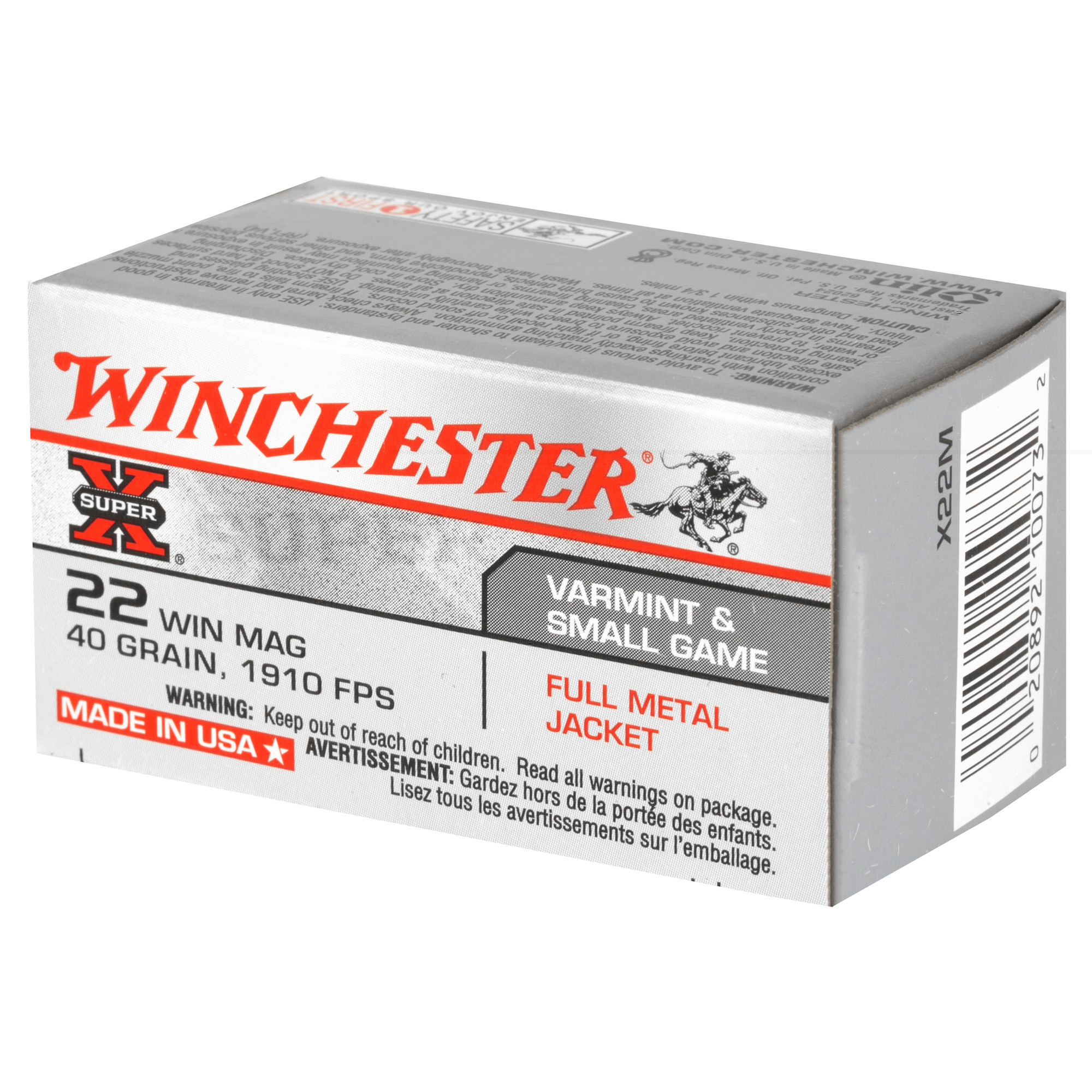 Winchester Super-X Ammunition 22 Winchester Magnum Rimfire (WMR) 40 Grain Full Metal Jacket