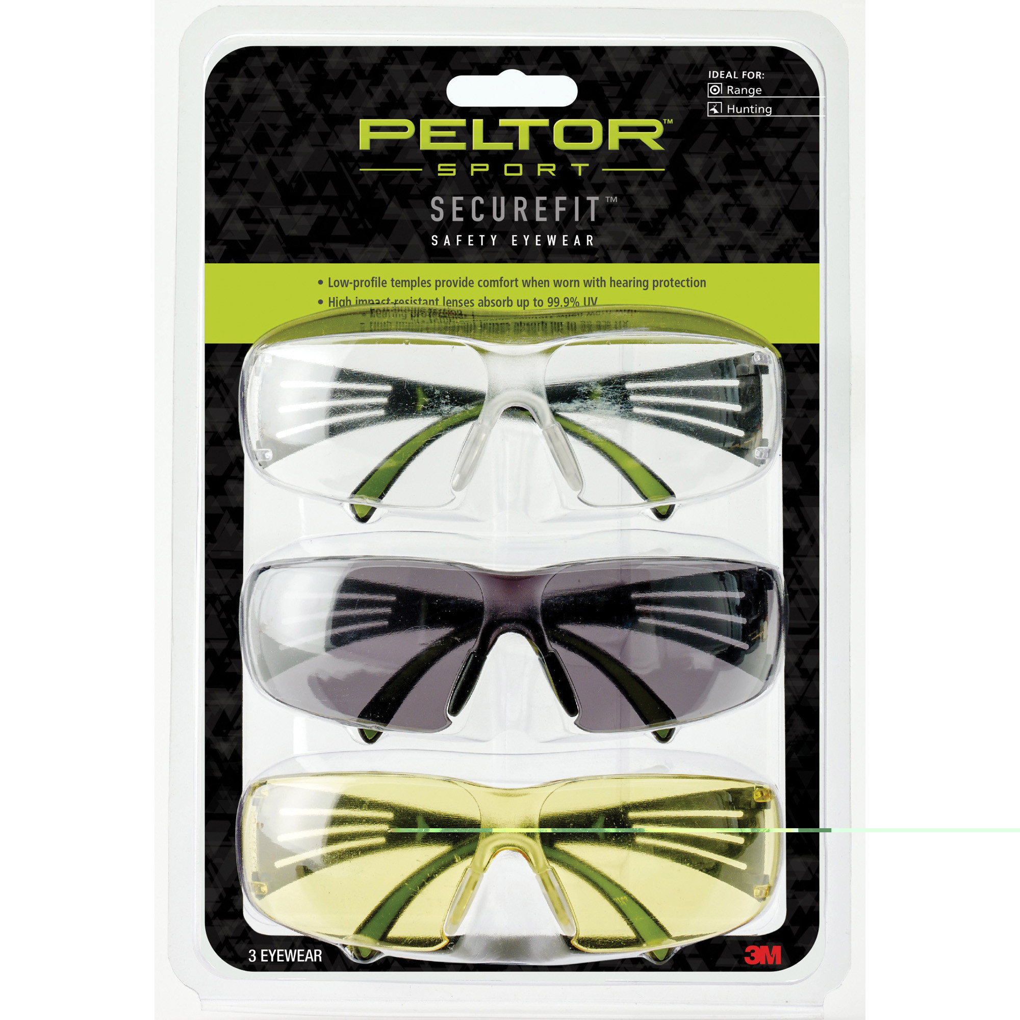 Peltor SF4003PK6 Sport SecureFit 400 Adult Clear Lens Amber Lens Gray Lens Anti-Scratch Polycarbonate Black Frame 3 Pack