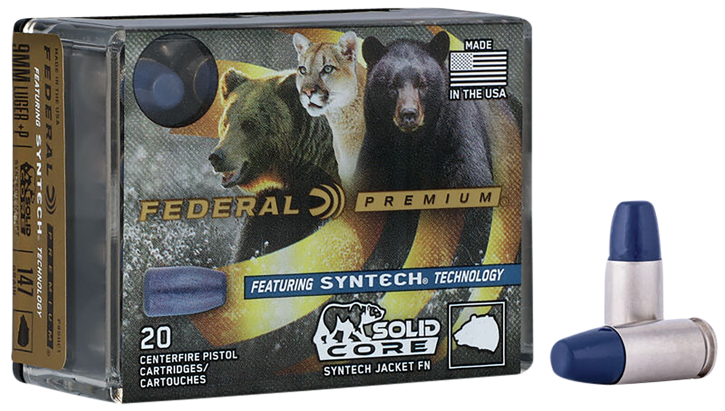 Federal Syntech Solid Core Ammunition 9mm Luger +P 147 Grain Total Synthetic Jacket Hard Cast Flat Nose 20RD