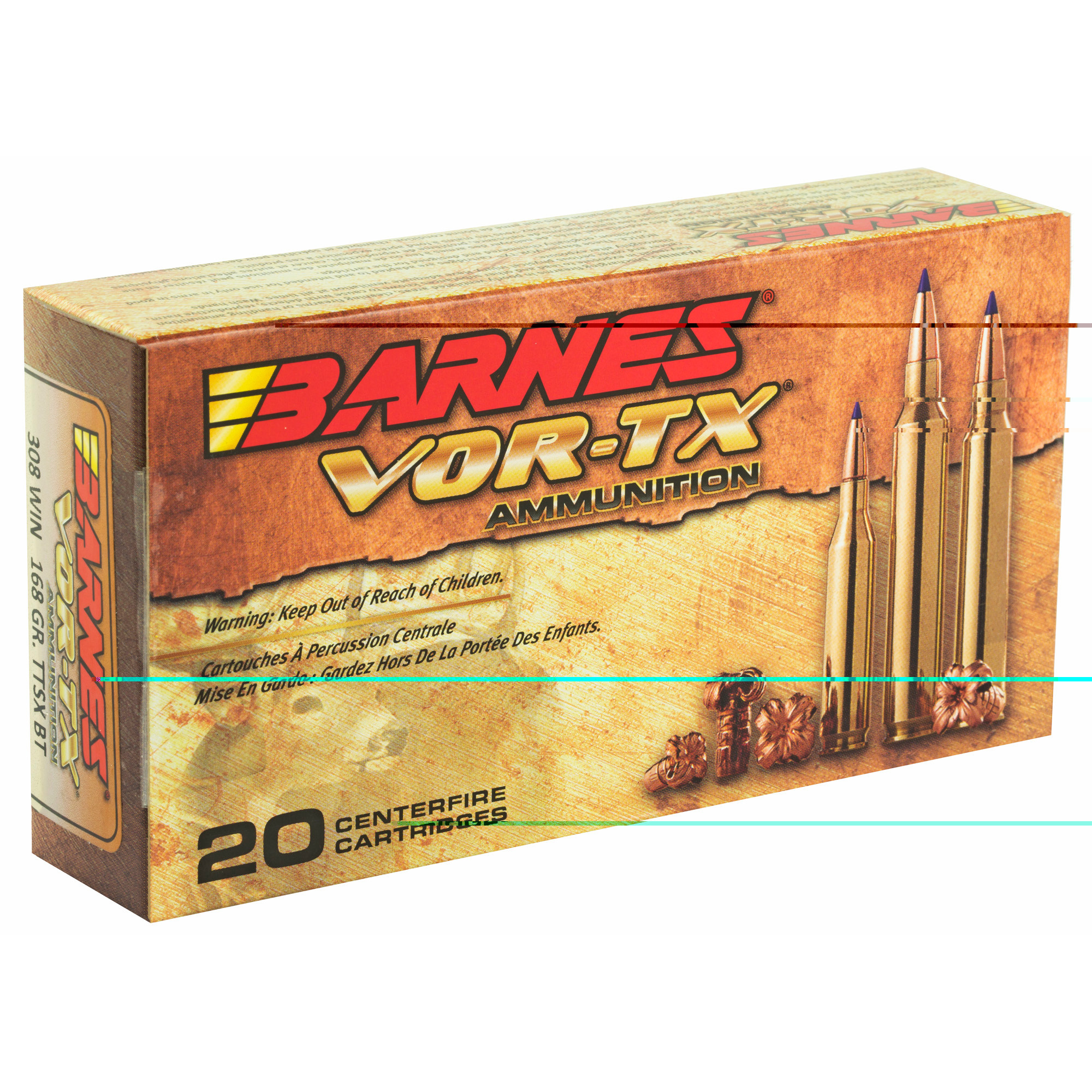 Barnes VOR-TX Ammunition 308 Winchester 168 Grain TTSX Polymer Tipped Spitzer Boat Tail Lead-Free 20RD