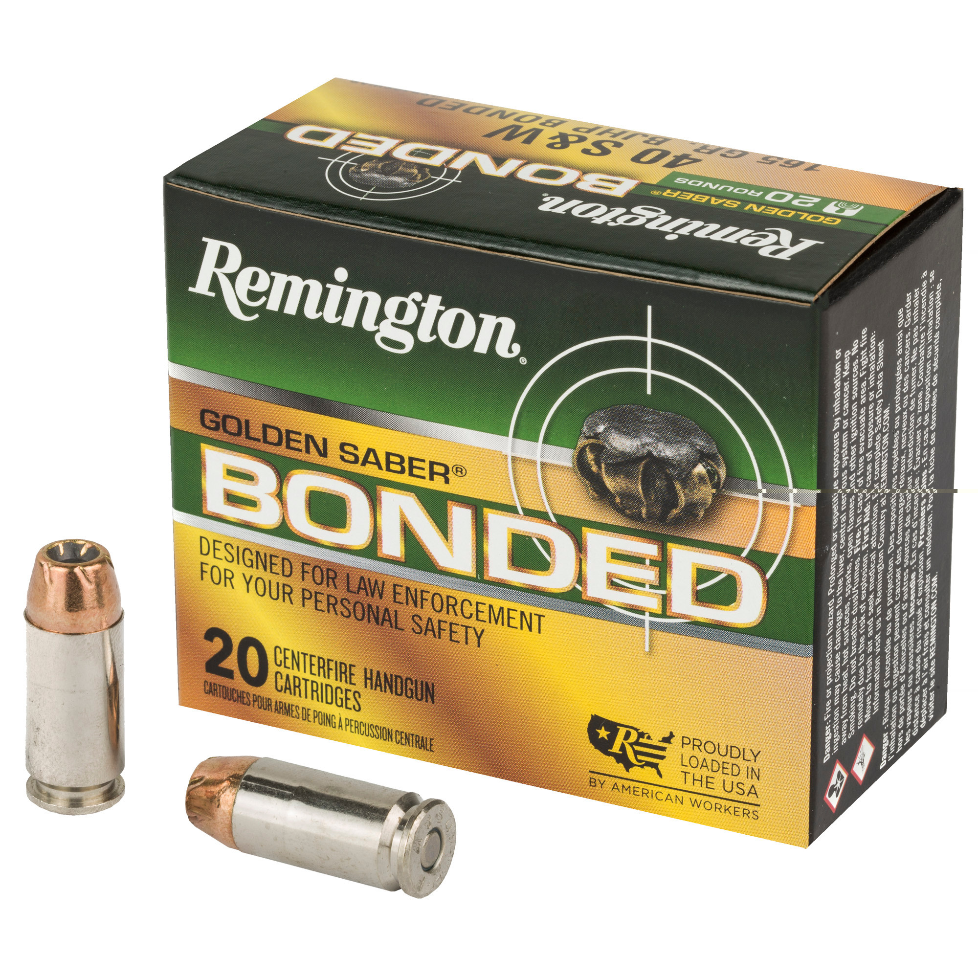 Remington Ammunition 29363 Golden Saber Bonded Defense 40 S&W 165 gr Bonded Brass Jacketed Hollow Point (BBJHP) 20rd Bx