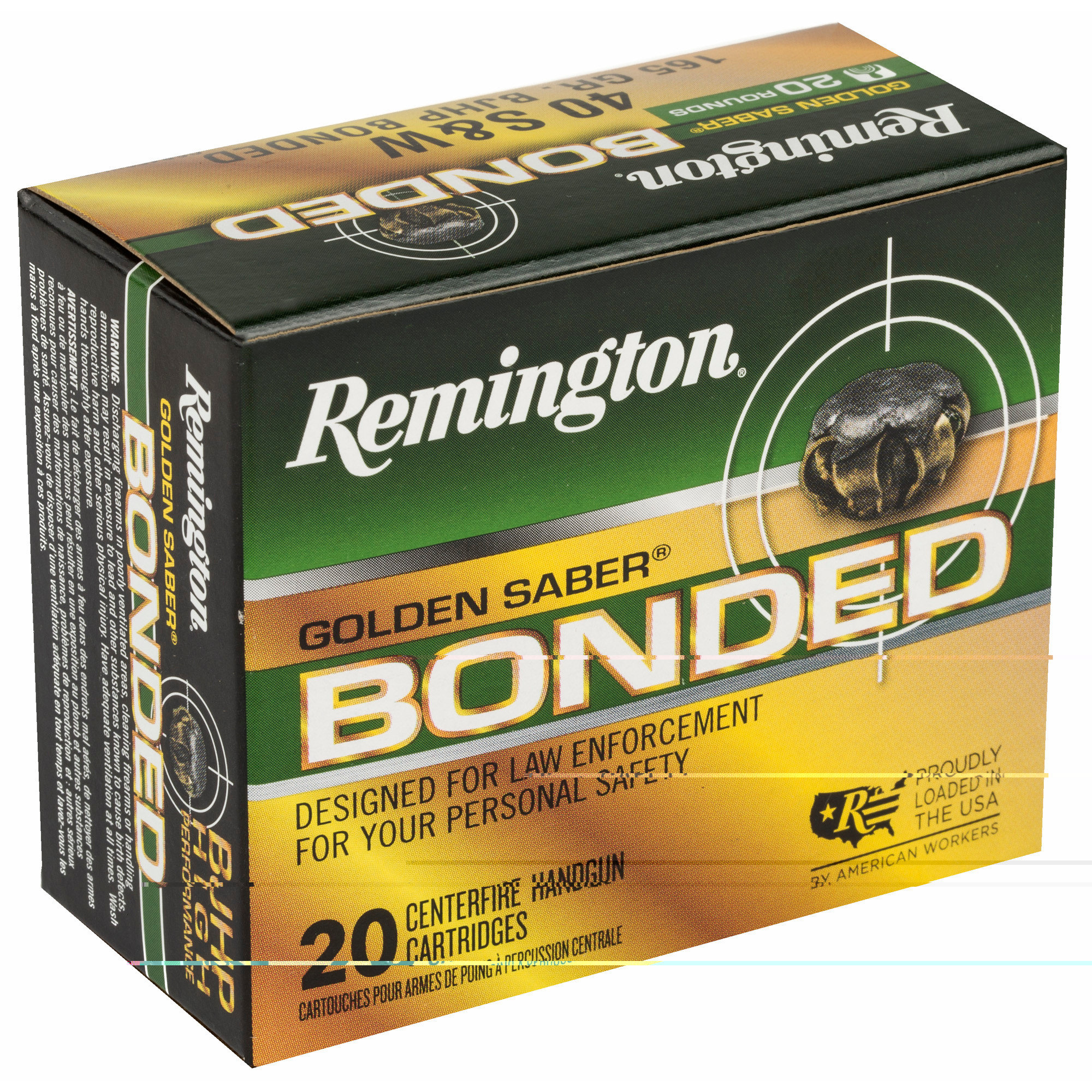 Remington Ammunition 29363 Golden Saber Bonded Defense 40 S&W 165 gr Bonded Brass Jacketed Hollow Point (BBJHP) 20rd Bx