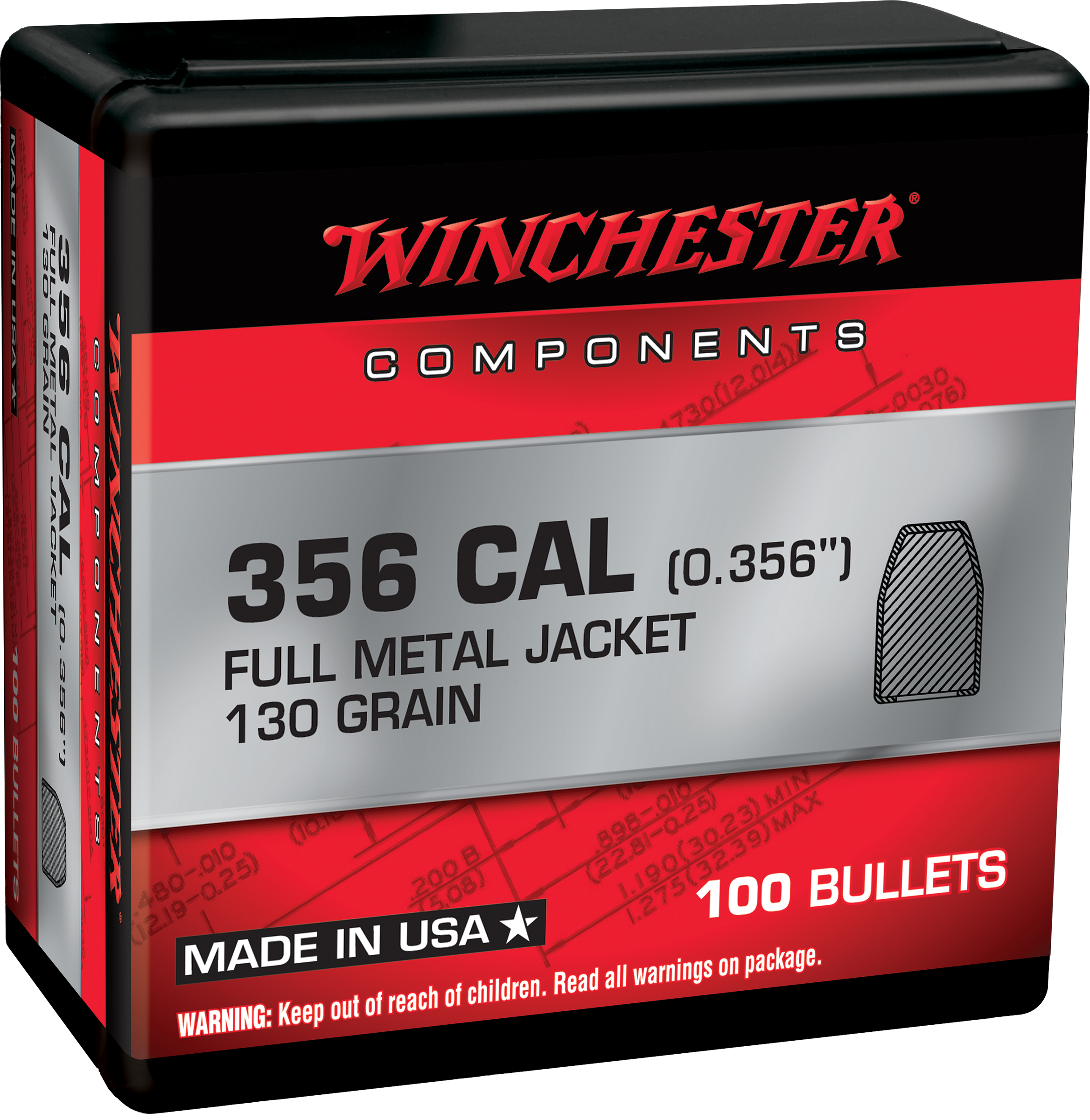 Winchester AmmoCenterfire Handgun Reloading 38 Cal .356 130 gr Full Metal Jacket (FMJ) 100 Per Box