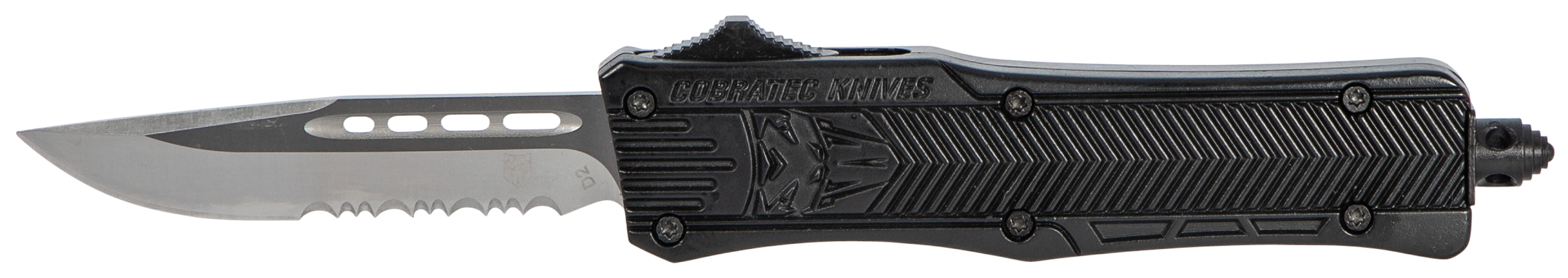 CobraTec Knives SBCTK1SDS CTK-1Small 2.75" OTF Drop Point Part Serrated D2 Steel Blade/ Black Aluminum Handle Features Glass Breaker Includes Pocket Clip