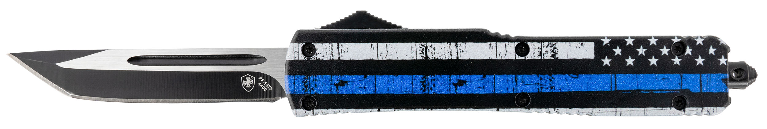 Templar Knife MBTB231 Back The Blue Gen II Slim 3.43" OTF Tanto Plain Black Oxide Stonewashed 440C SS Blade/5.05" 4.31" Black & White w/Blue Line Aluminum Handle Features Glass Breaker Includes Pocket Clip/Sheath