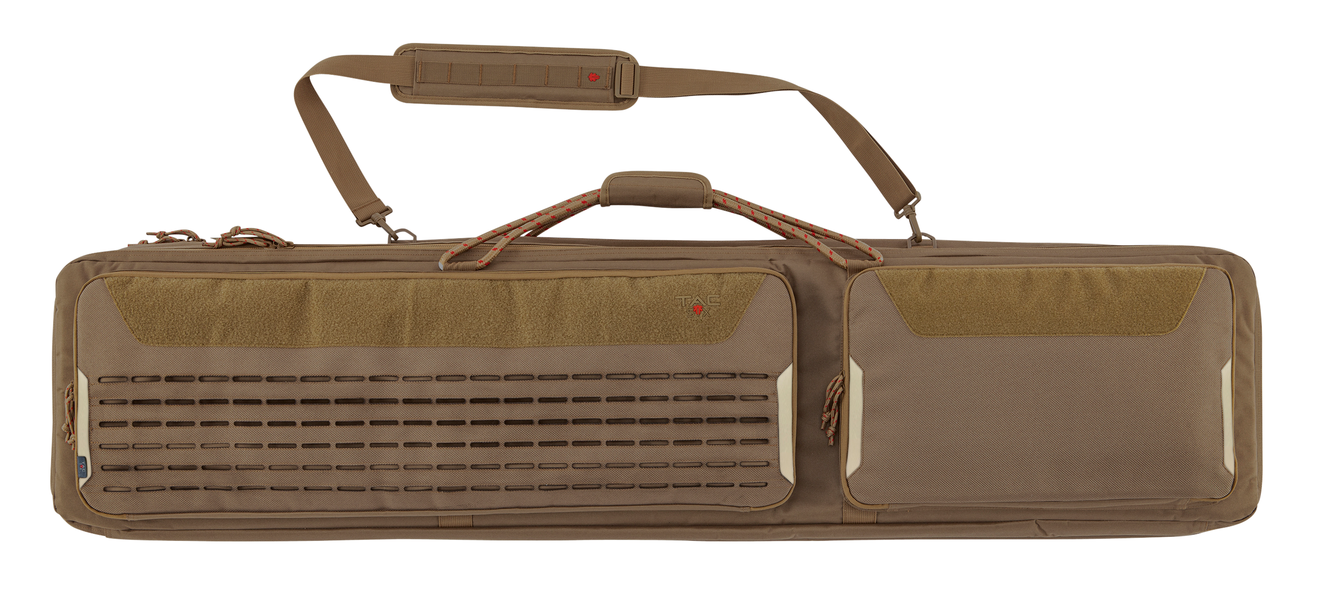 Tac Six 10844 Unit Tactical Case made of Coyote 600D Polyester with Lockable Zippers, Flexible Design, Rope Handles, MOLLE System, Storage Pockets & Holds up to 2 Rifles 55" L x 13" H x 4" H Interior Dimensions