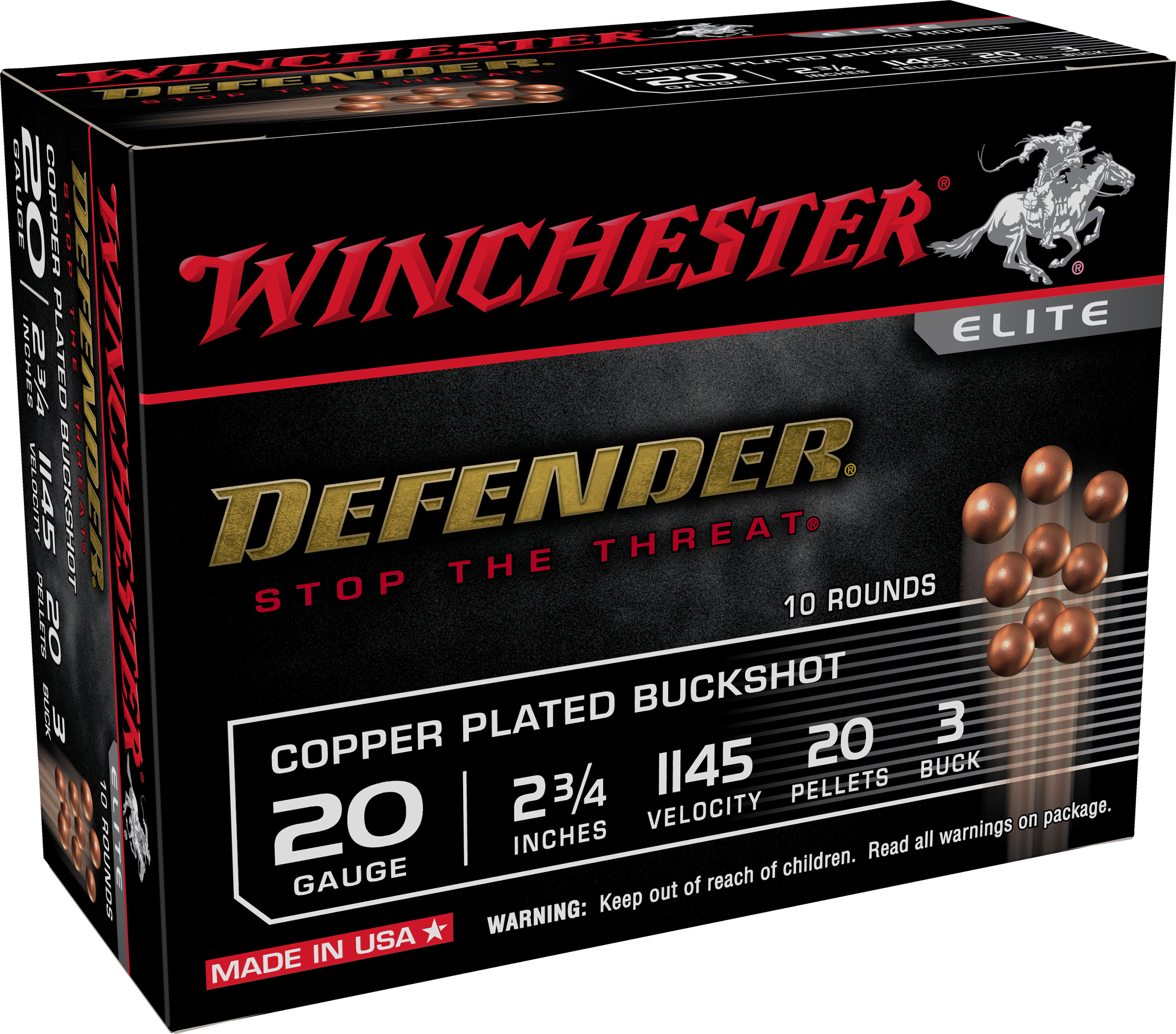 Winchester Defender Ammunition 20 Gauge 2-3/4" #3 Plated Buckshot 20 Pellets Box of 10