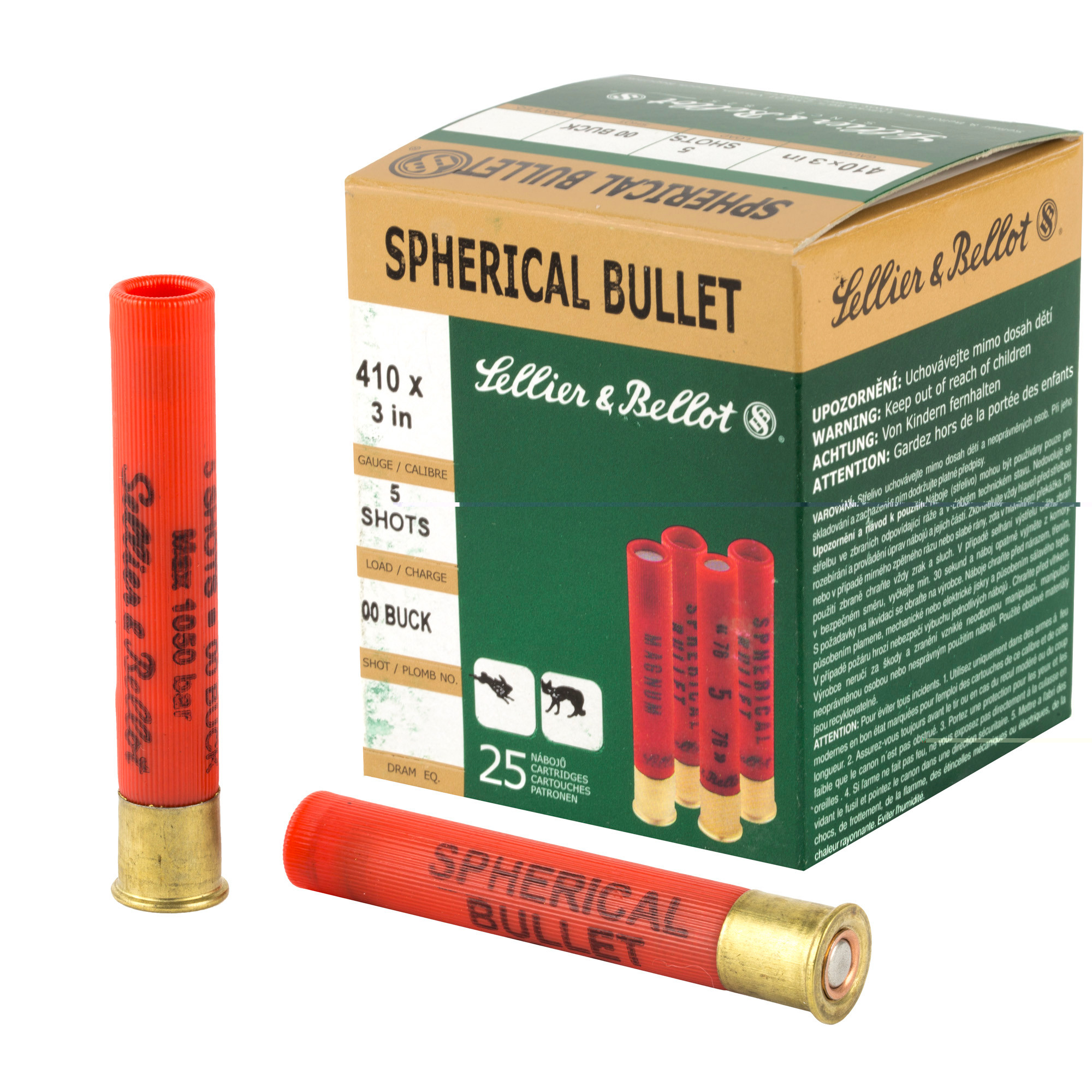 Sellier & Bellot SB410B Hunting410 Gauge 3" 5 Pellets 5/8 oz 1190 fps Spherical 00 Buck Shot 25 Bx/20 Cs