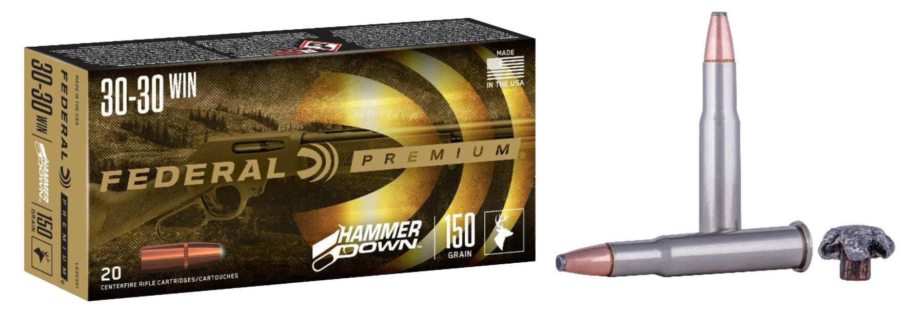 Federal Premium HammerDown Ammunition 30-30 Winchester 150 Grain Bonded Soft Point 20RD