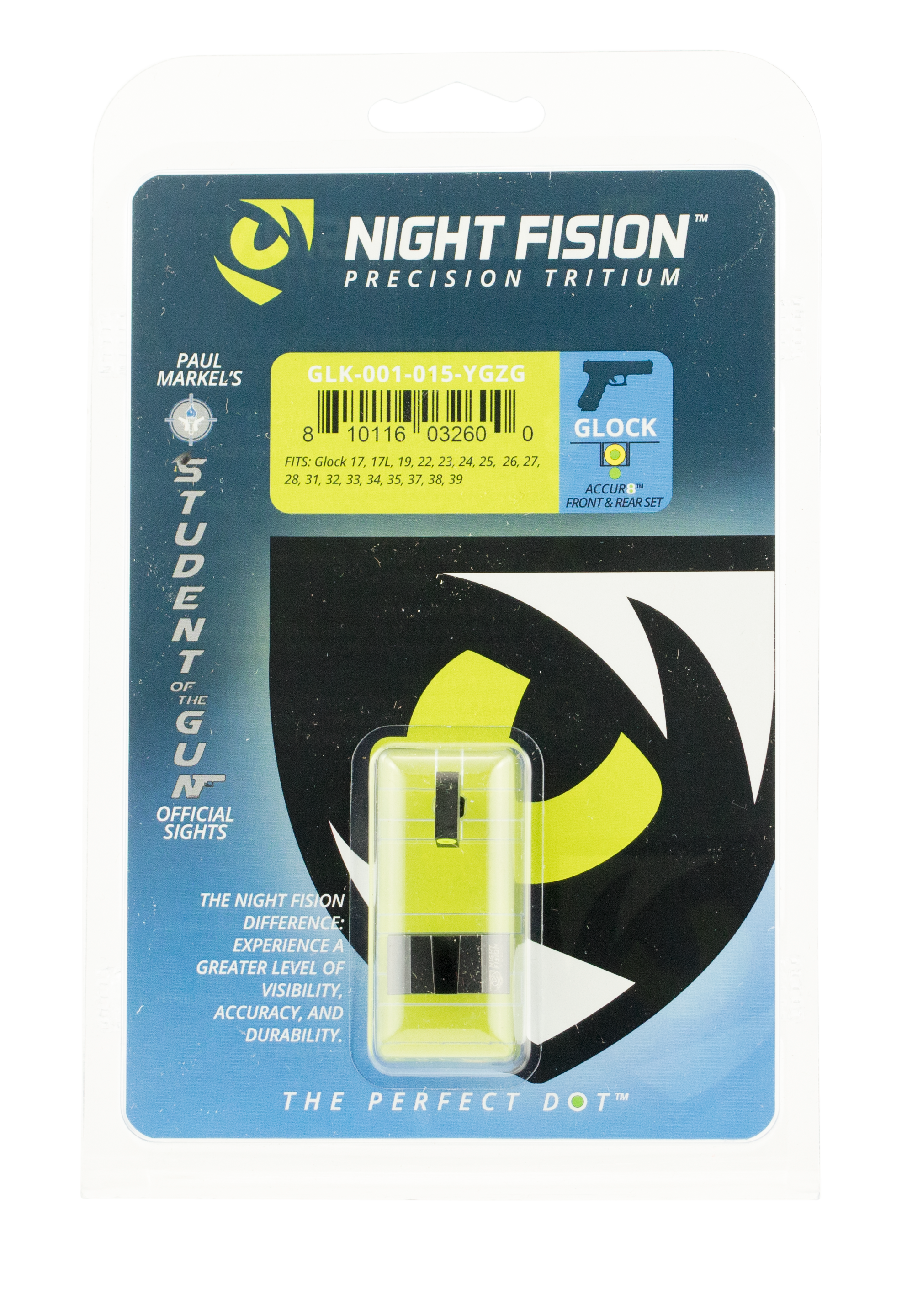 Night Fision GLK001015YGZ Student Of The Gun Accur8 For GlockBlack | Green Tritium Yellow Ring Front Sight Green Tritium Black Ring Rear Sight