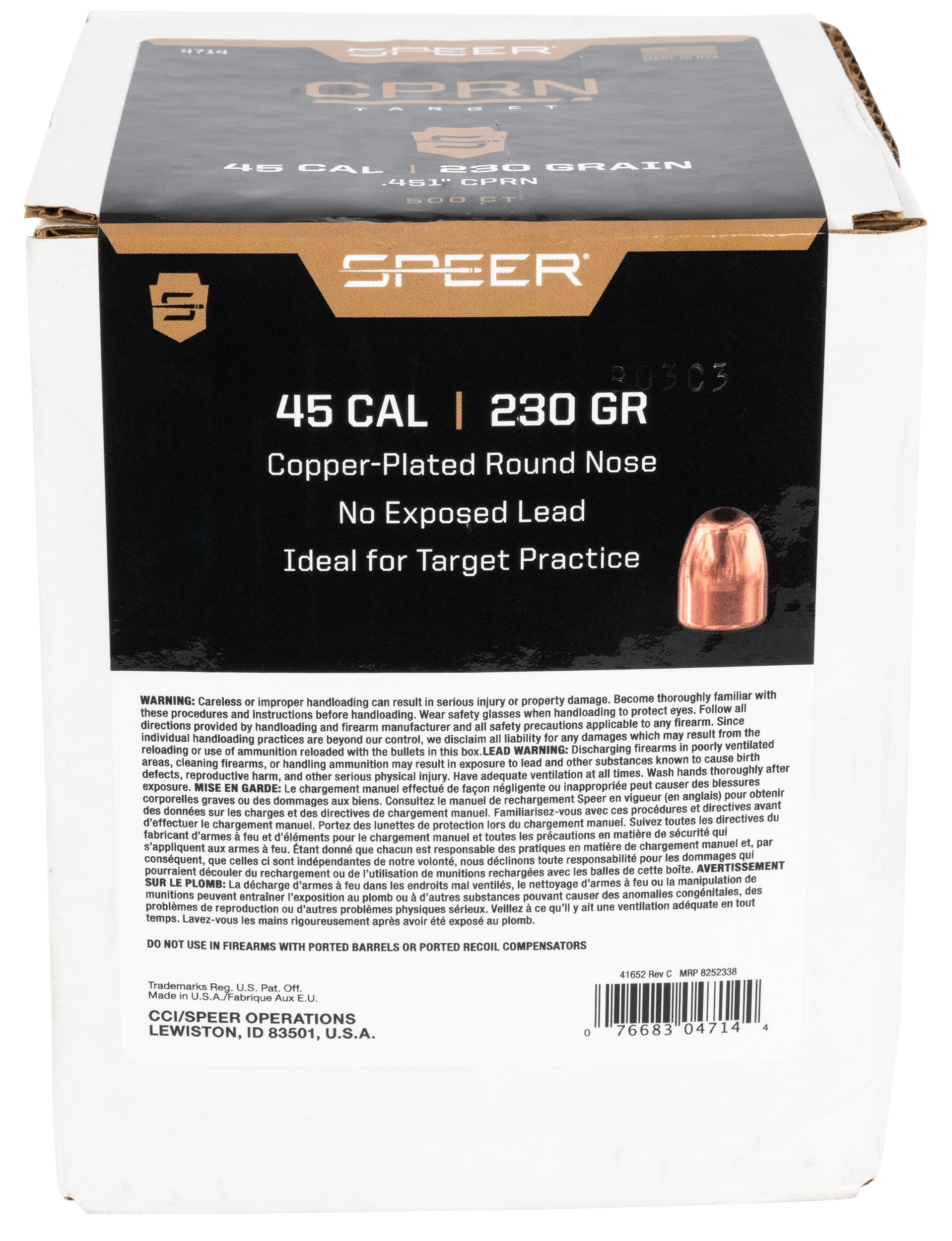 Speer Bullets 45 Caliber (451 Diameter) 230 Grain Copper Plated Round Nose Box of 500