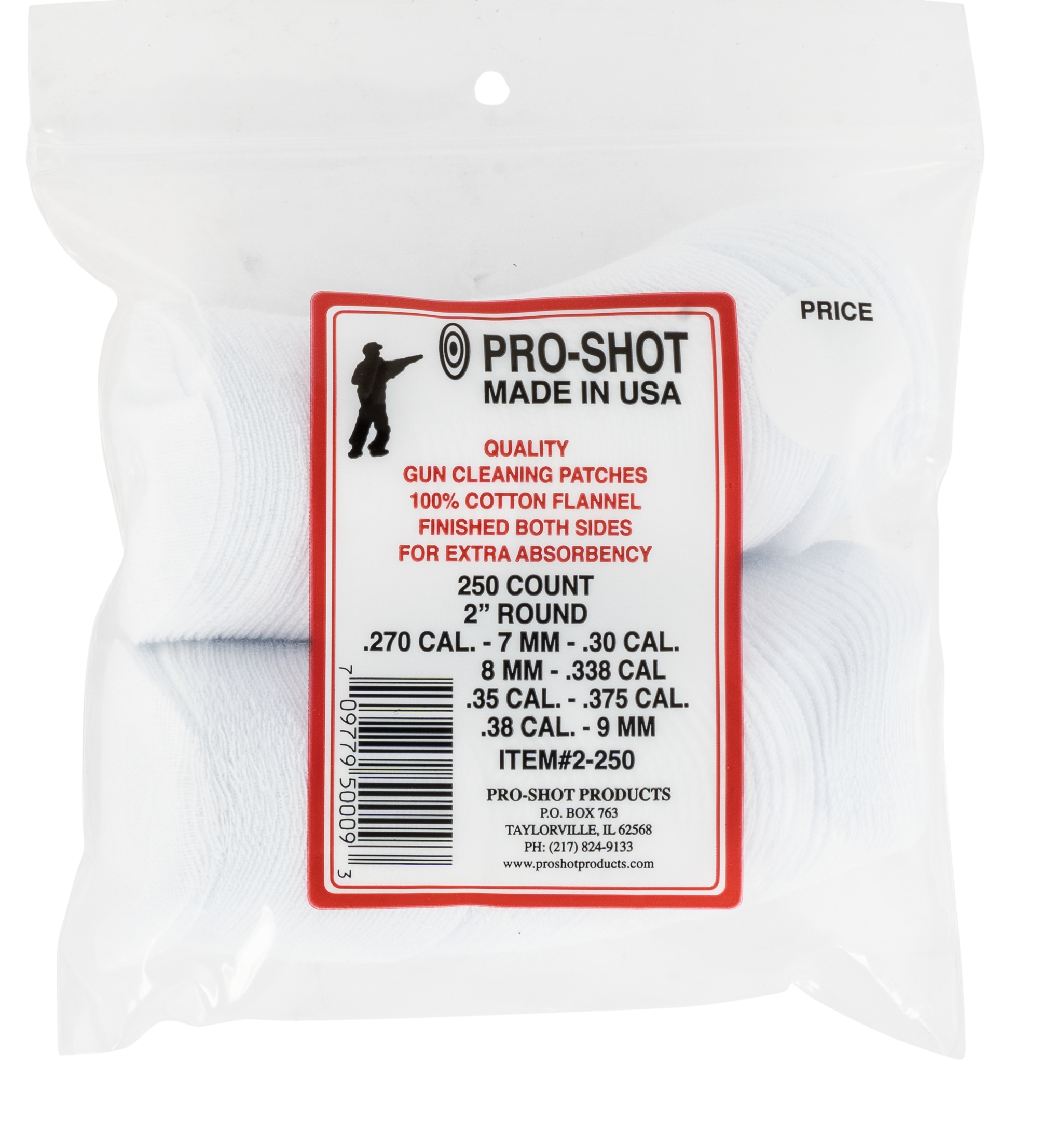 Pro-Shot 2250 Cleaning Patches38/270 Cal 2" Cotton Flannel 250 Per Bag