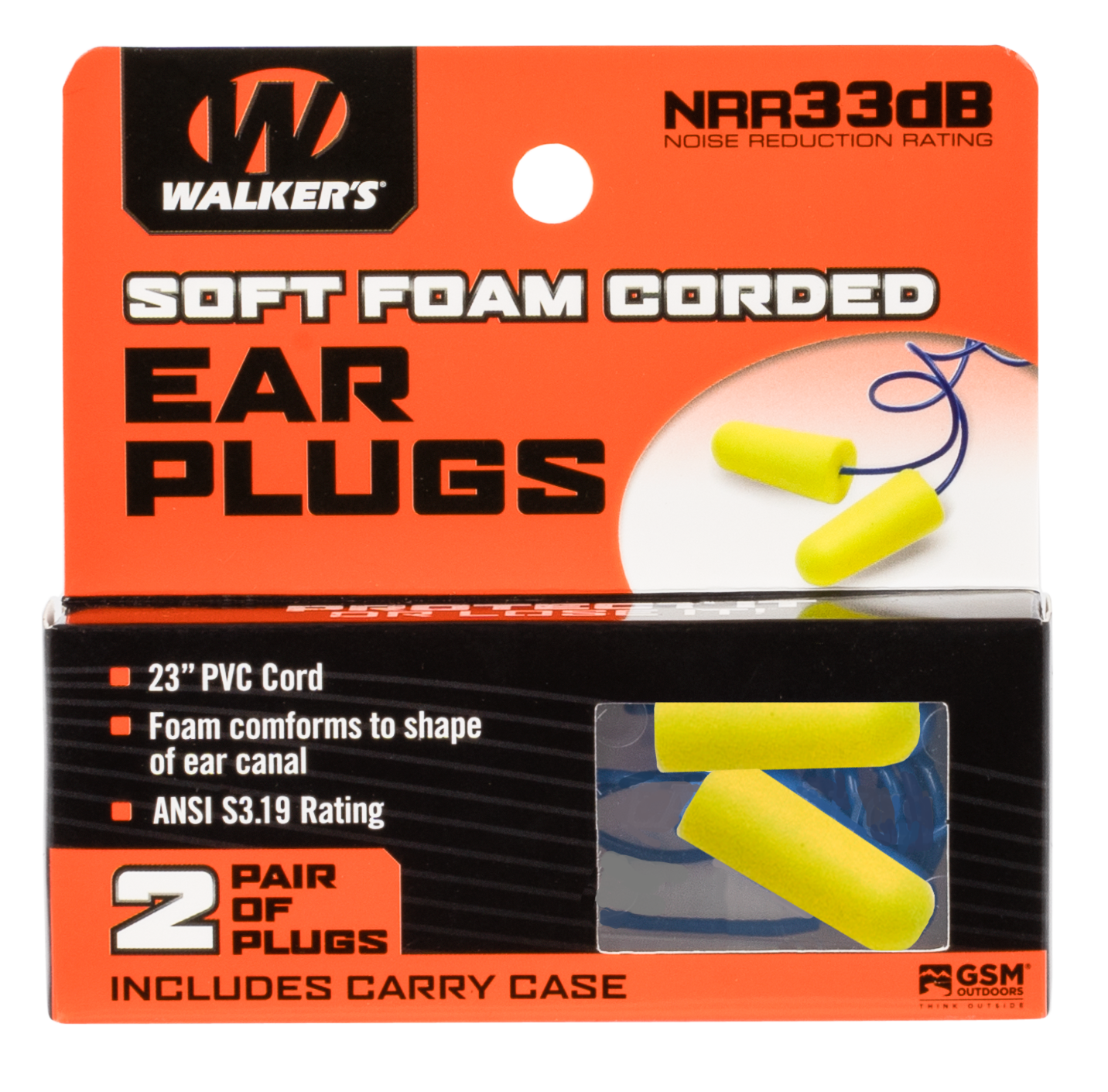 Walker's Corded Foam Ear Plugs (NRR 32 dB) with Plastic Carry Case 2 Pairs Neon Yellow