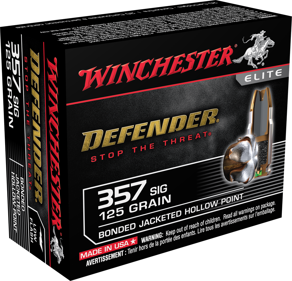 Winchester Defender Ammunition 357 Sig 125 Grain Bonded Jacketed Hollow Point 20RD