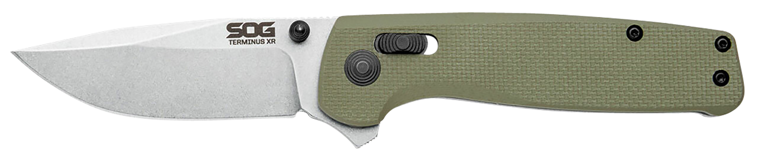 S.O.G SOGTM1022BX Terminus XR 2.95" Folding Clip Point Plain Stonewashed BD1 Steel Blade Olive Drab Textured G10 Handle Features Box Packaging Includes Pocket Clip
