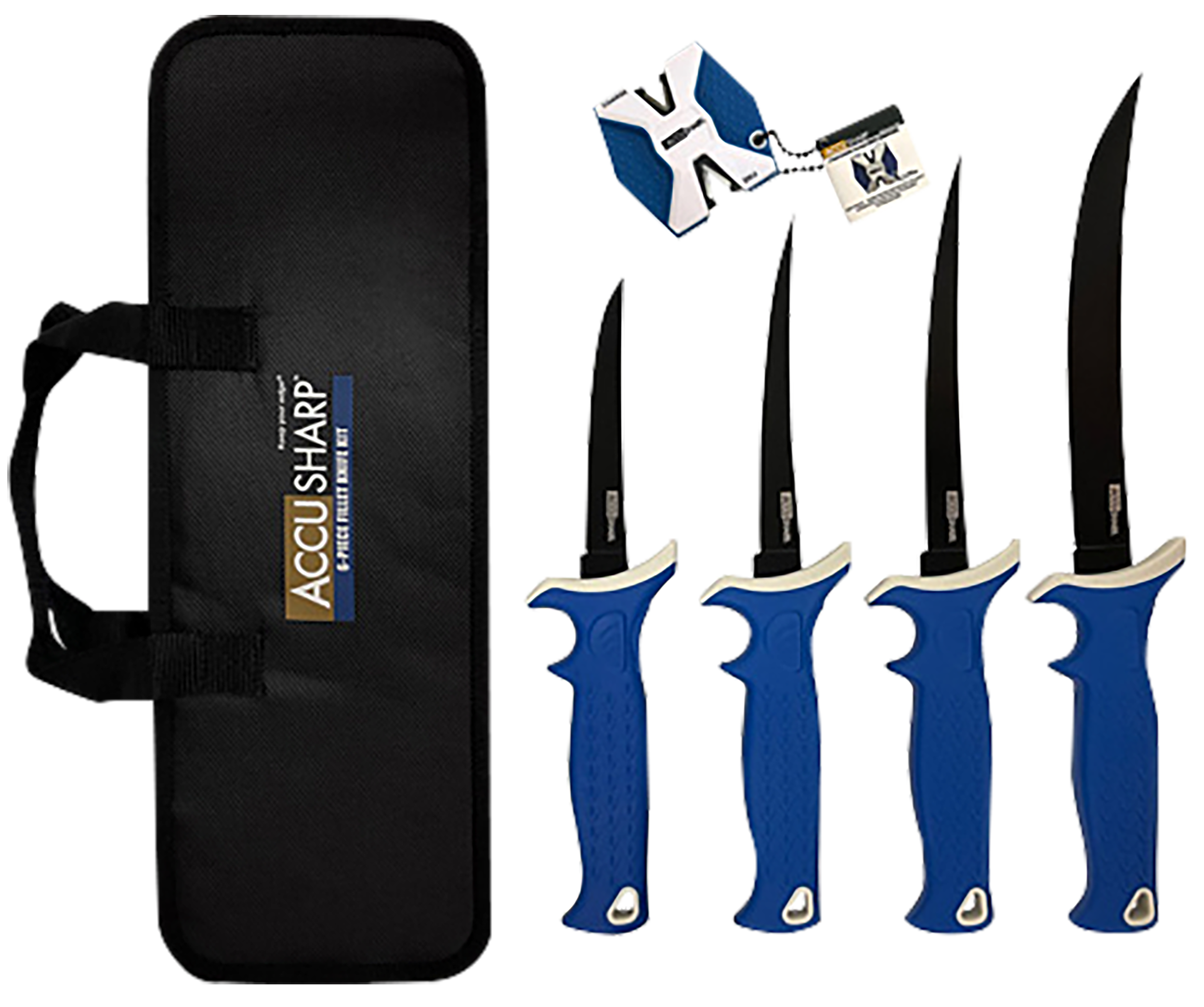 AccuSharp 737C Knife Kit4.75/5.50/6.50/8" Fixed Fillet Plain Satin Stainless Steel Blade/ Blue Non-Slip Grip TPR Handle Includes 2-Step Sharpener