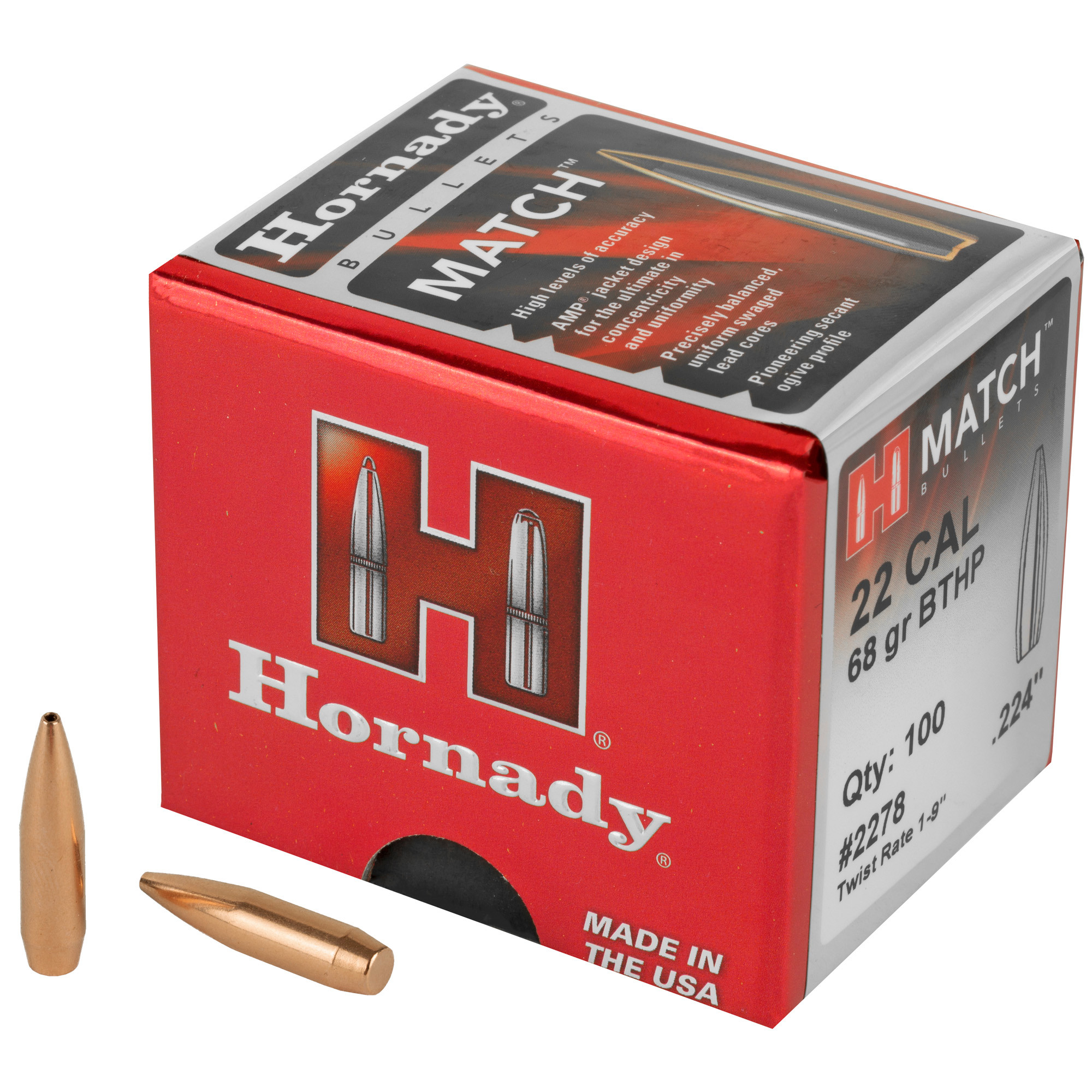 Hornady Match Bullets 22 Caliber (224 Diameter) 68 Grain Hollow Point Boat Tail