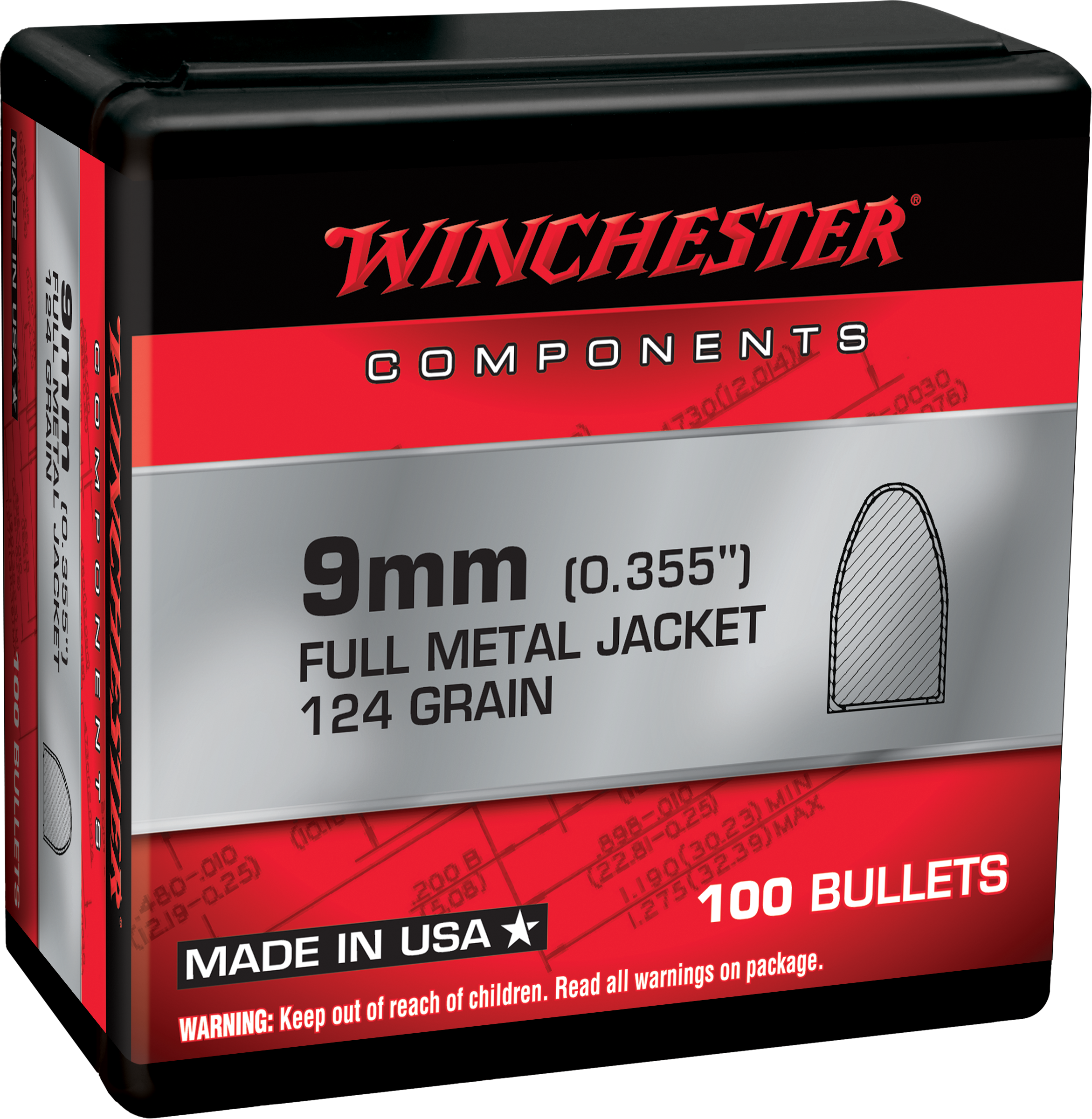 Winchester AmmoCenterfire Handgun Reloading 9mm .355 124 gr Full Metal Jacket (FMJ) 100 Per Box