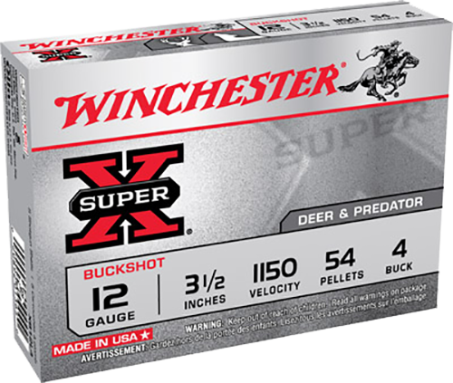 Winchester Super-X Ammunition 12 Gauge 3-1/2" Buffered #4 Buckshot 54 Pellets Box of 5