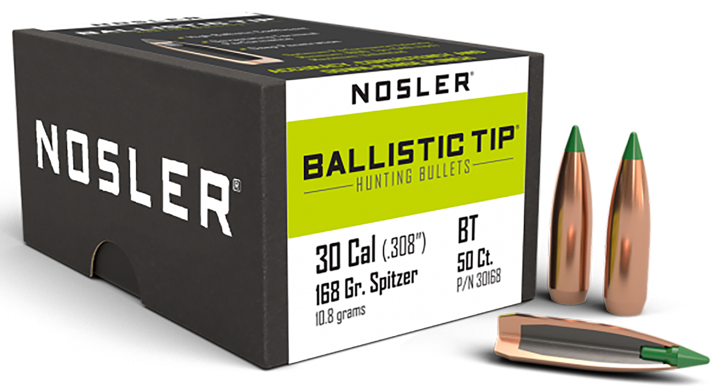 Nosler 30168 Ballistic Tip Hunting 30 Caliber .308 168 GR Spitzer 50 Per Box