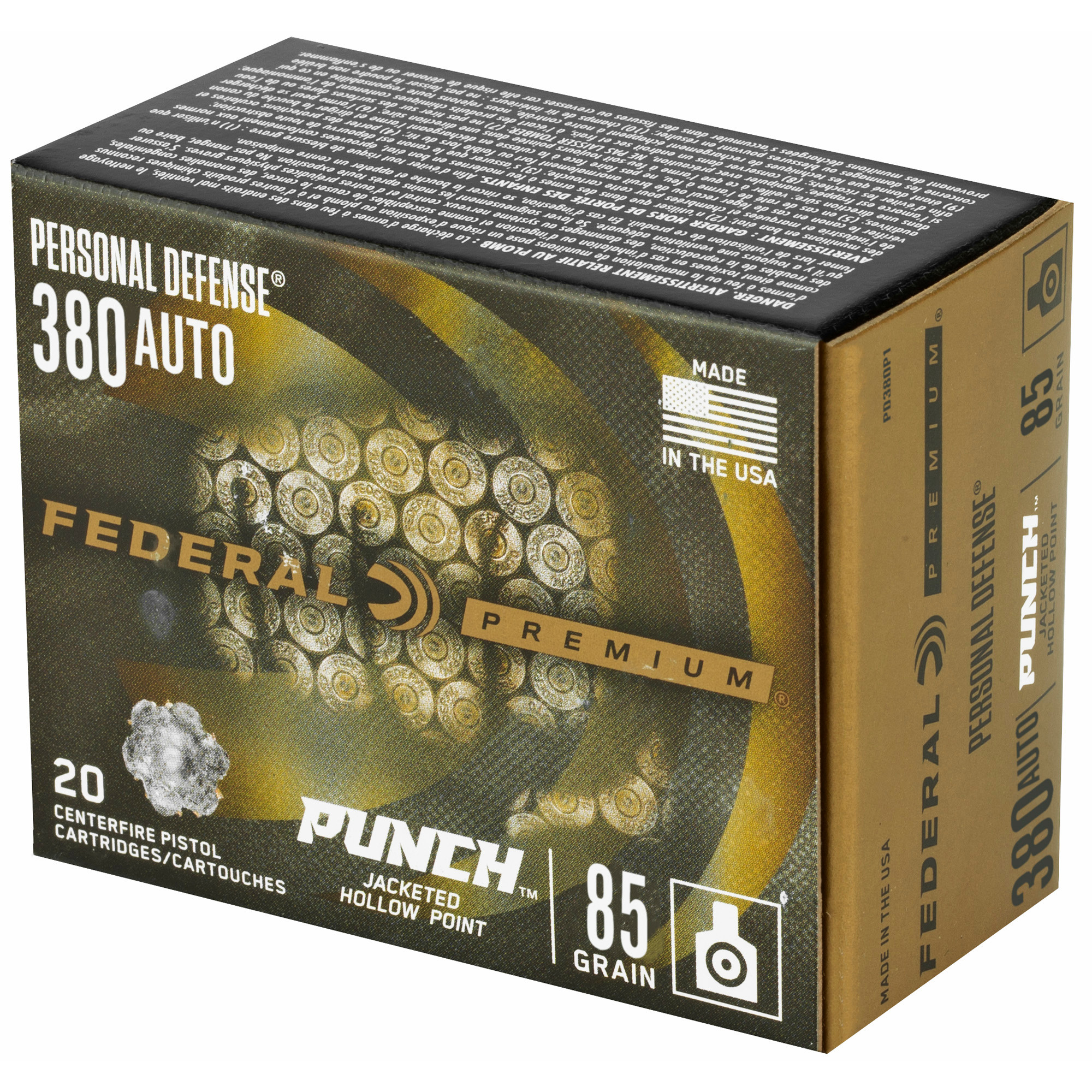 Federal Personal Defense Punch Ammunition 380 ACP 85 Grain Jacketed Hollow Point 20RD