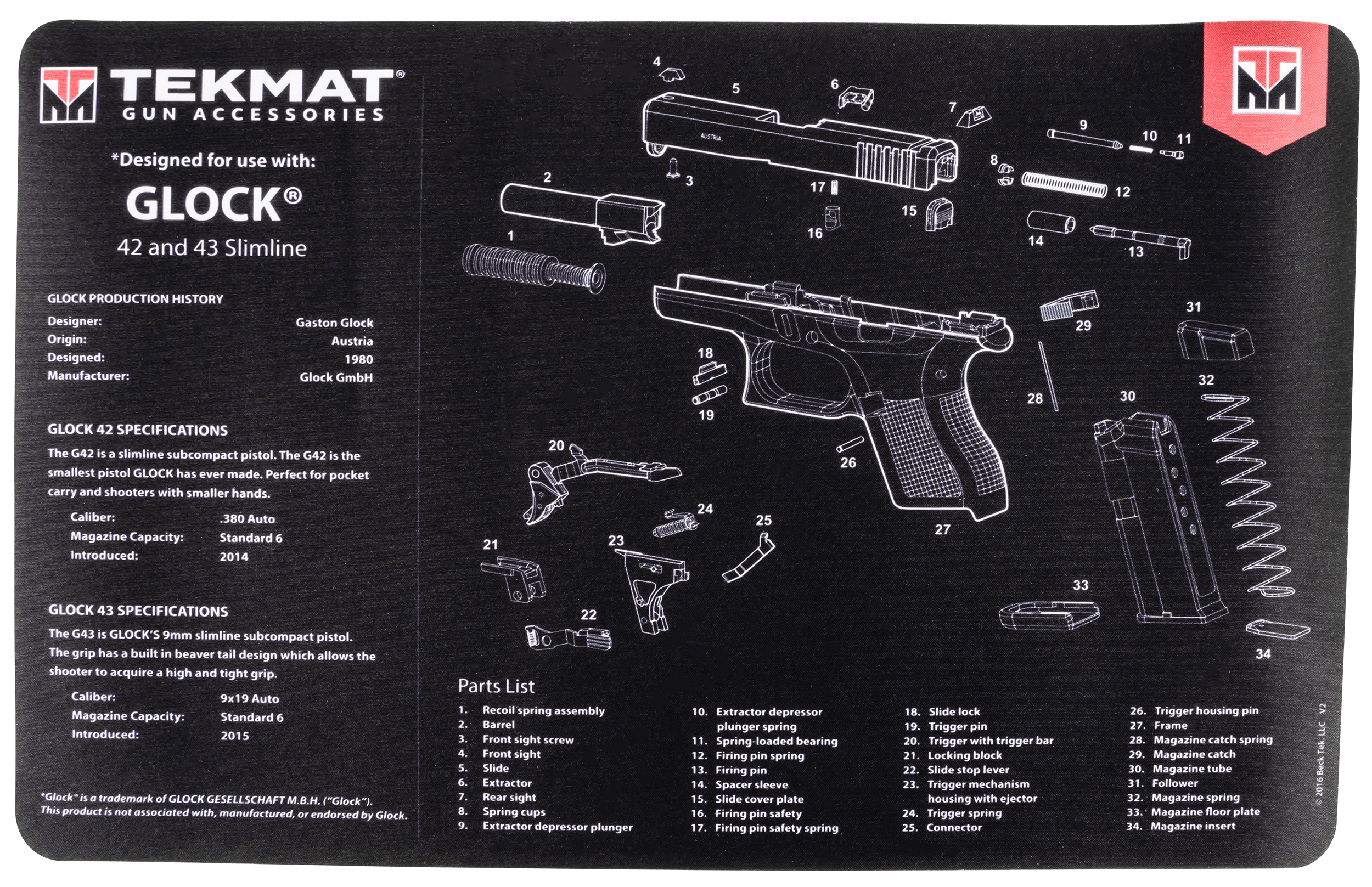 TekMat TEKR17GLOCK4243 Glock 42/43 Cleaning Mat Black/White Rubber 17" Long Glock 42/43 Parts Diagram