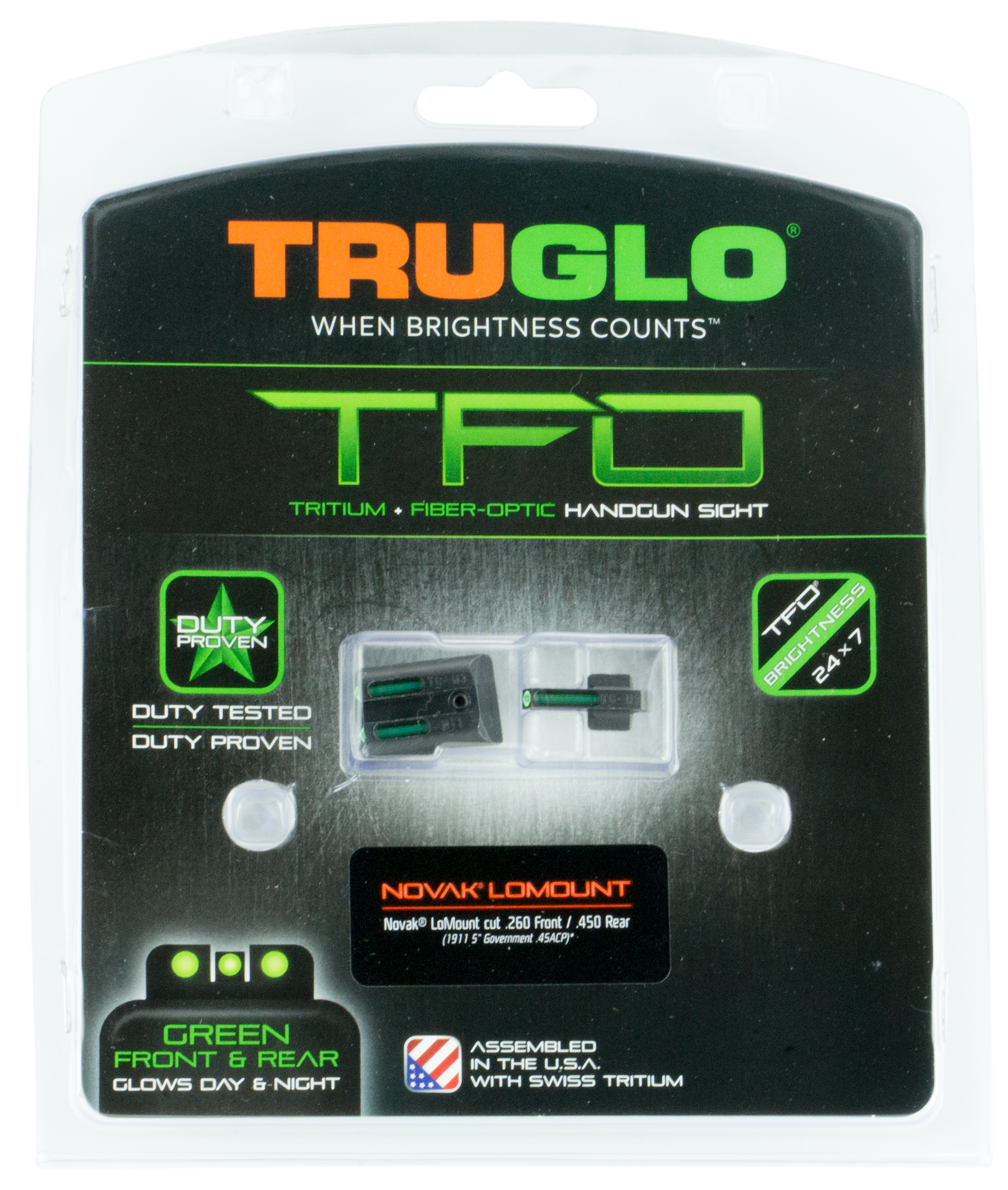 TRUGLO TFO Sight Set 1911 Government 45ACP Novak Cut Steel Tritium Fiber Optic Green