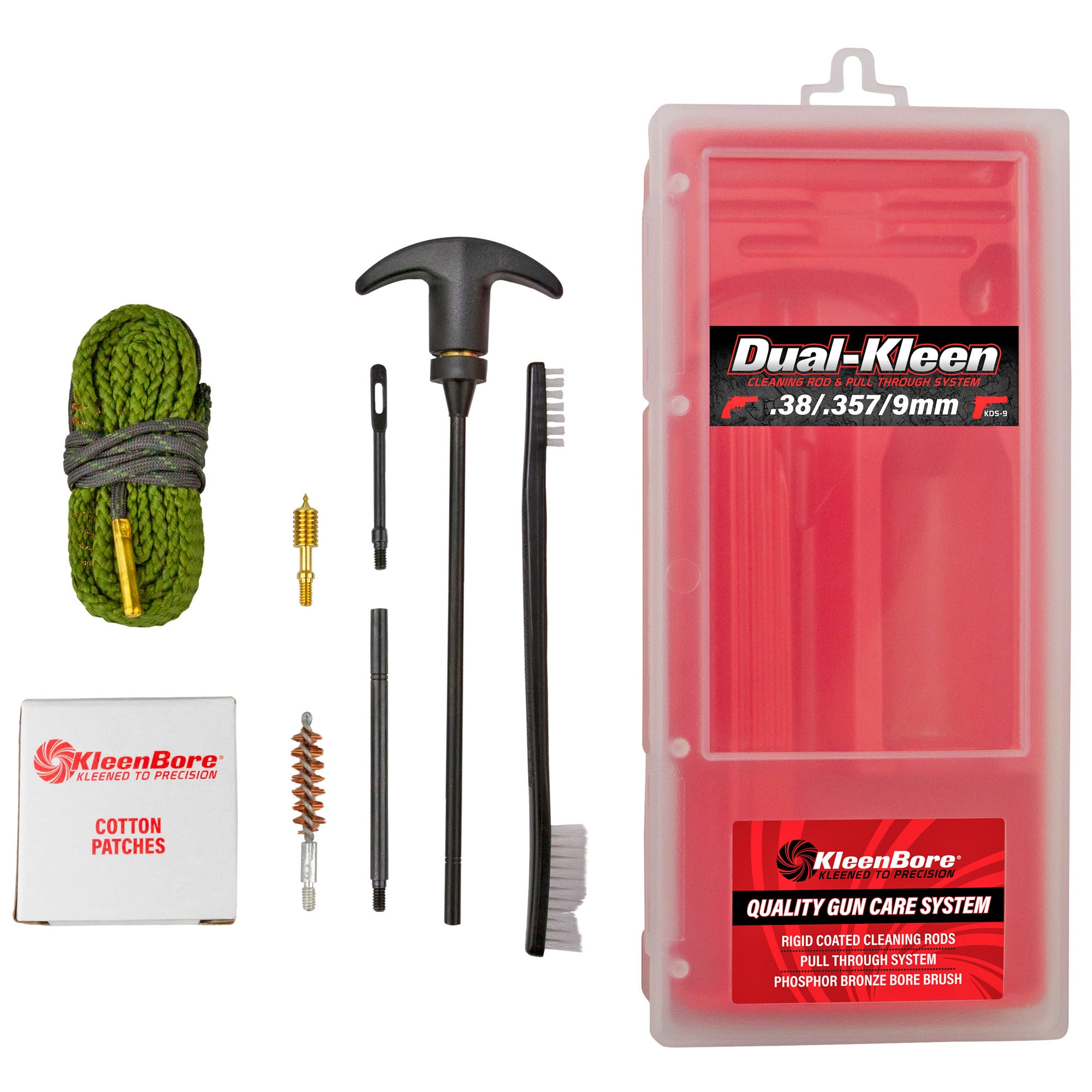 KleenBore KDS9 Dual Kleen Rod & Pull Through Rope Cleaner 9mm/357 Mag/38 Cal HandgunNylon/Phosphor Bronze Bristles
