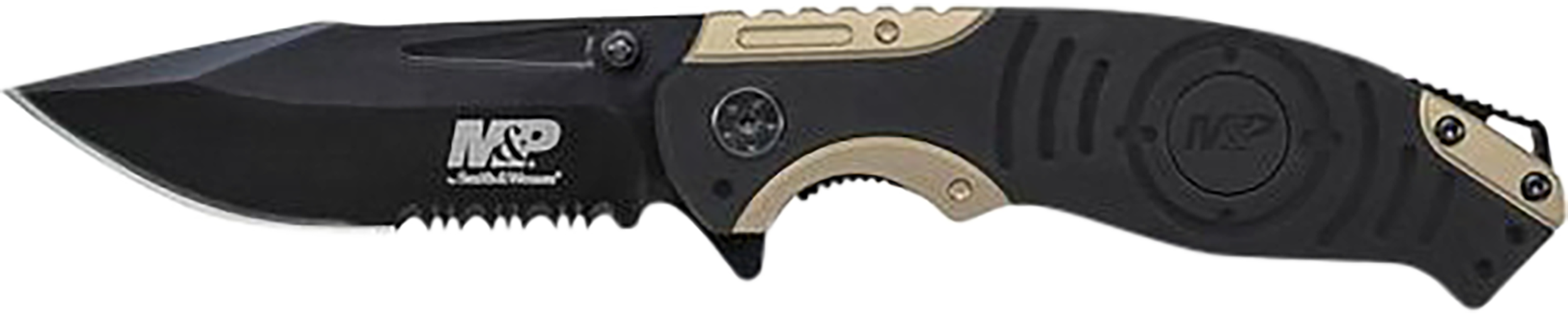 Smith & Wesson Knives SWP13BSCP M&P3.50" Folding Drop Point Part Serrated Stonewashed 8Cr13MoV SS Blade/Black & Tan Aluminum Handle Includes Pocket Clip