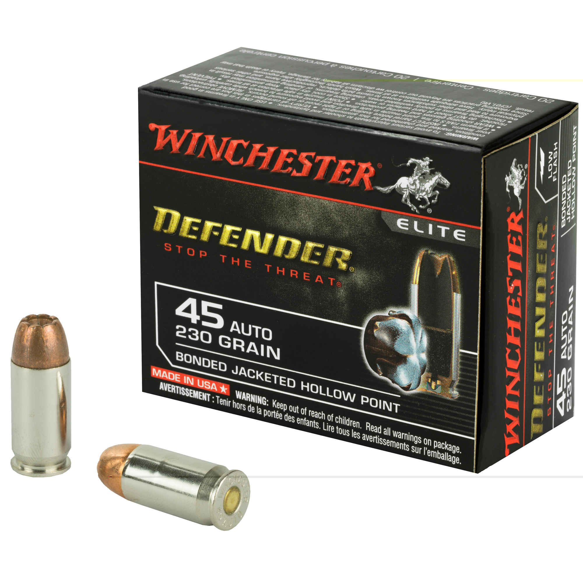 Winchester Defender Ammunition 45 ACP 230 Grain Bonded Jacketed Hollow Point 20RD