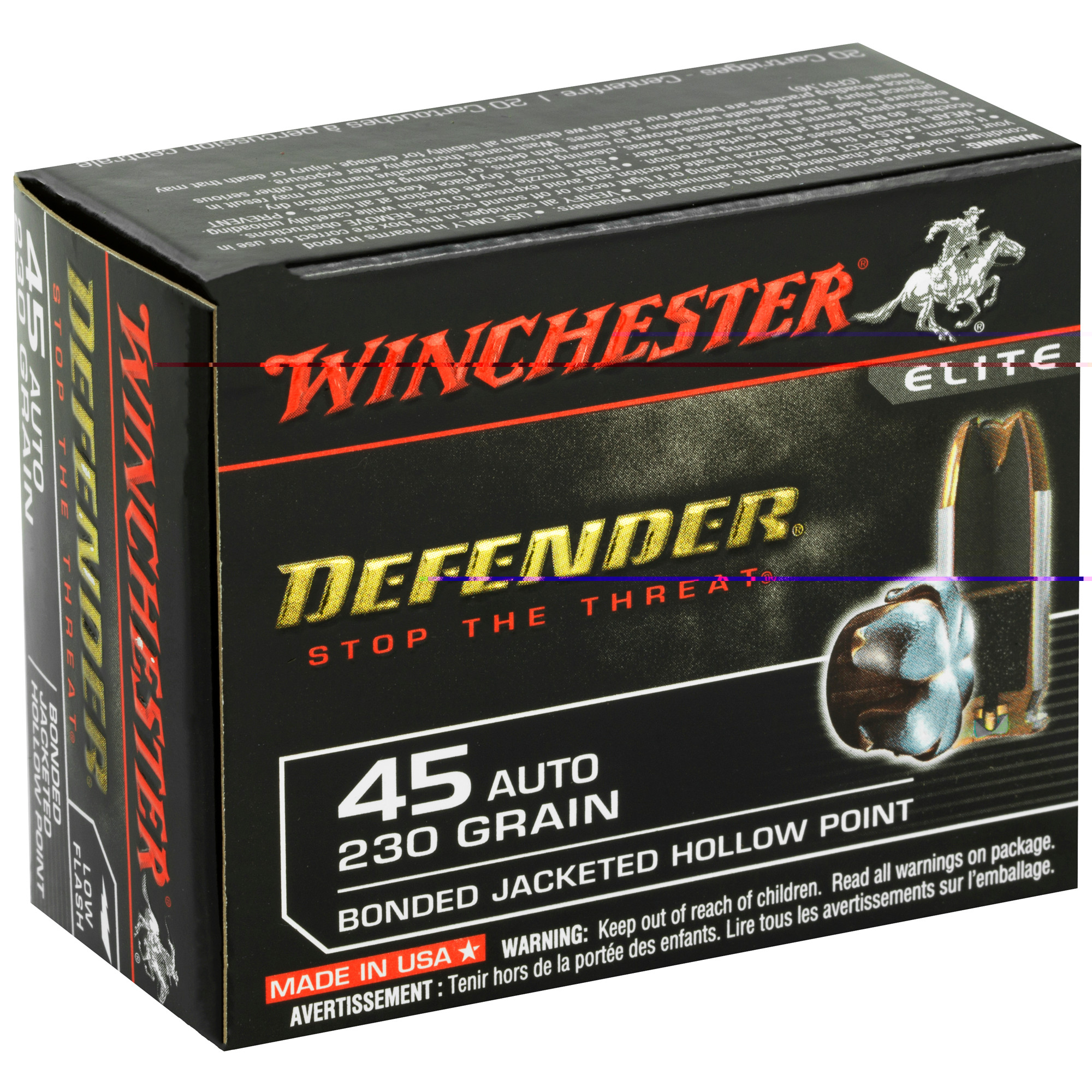 Winchester Defender Ammunition 45 ACP 230 Grain Bonded Jacketed Hollow Point 20RD