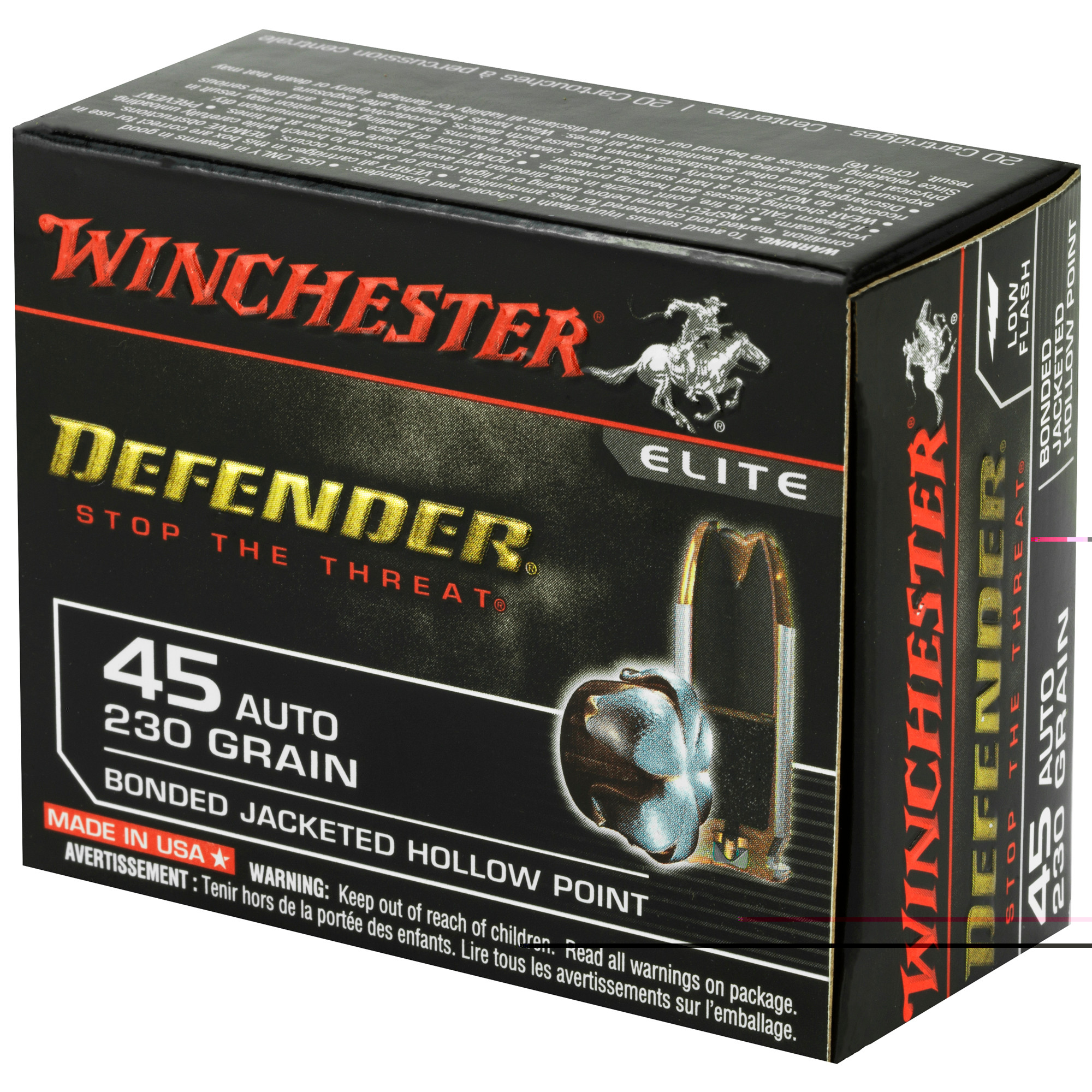 Winchester Defender Ammunition 45 ACP 230 Grain Bonded Jacketed Hollow Point 20RD