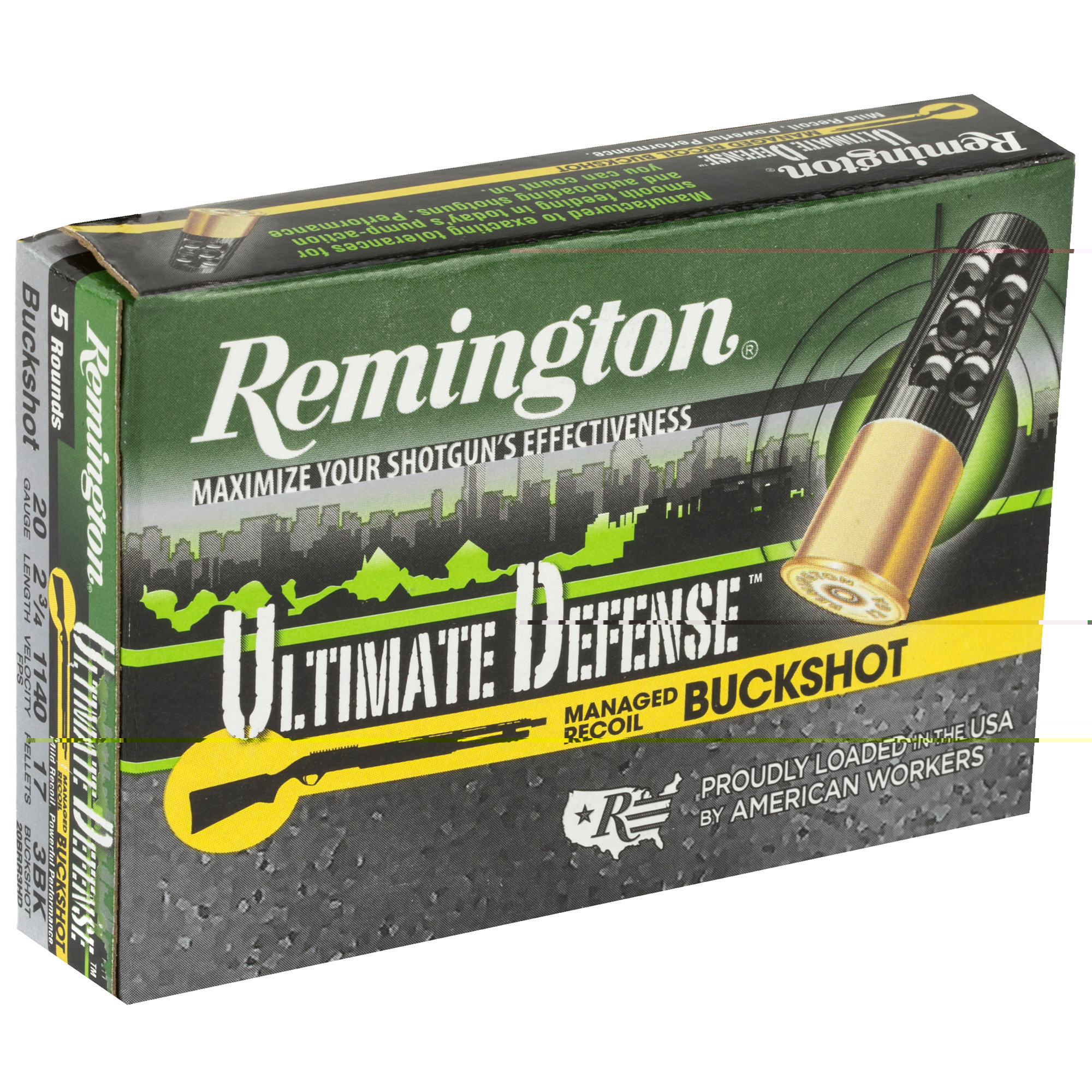 Remington Ammunition 20681 Ultimate Defense Buckshot 20 Gauge 2.75" 3 Buck Shot 5 Per Box/ 20 Cs