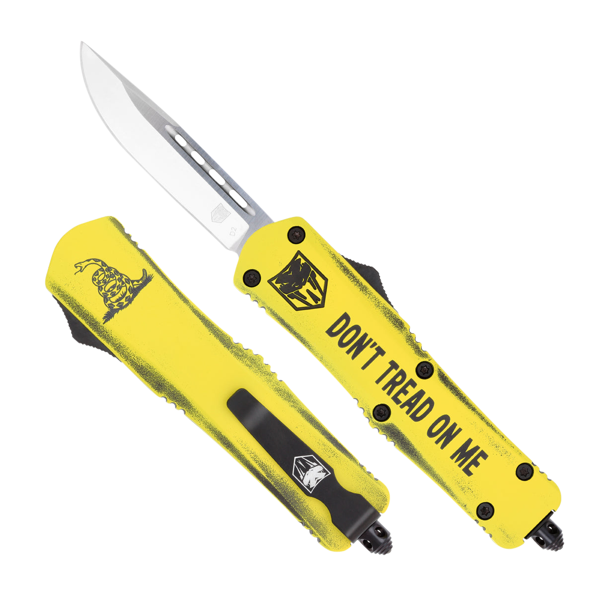 CobraTec Knives MDTOMFS3DNS FS-3 Don't Tread On Me Medium 3" OTF Drop Point Plain D2 Steel Blade Yellow w/"Don't Tread On Me" Aluminum Cerakoted Handle Features Glass Breaker Includes Pocket Clip