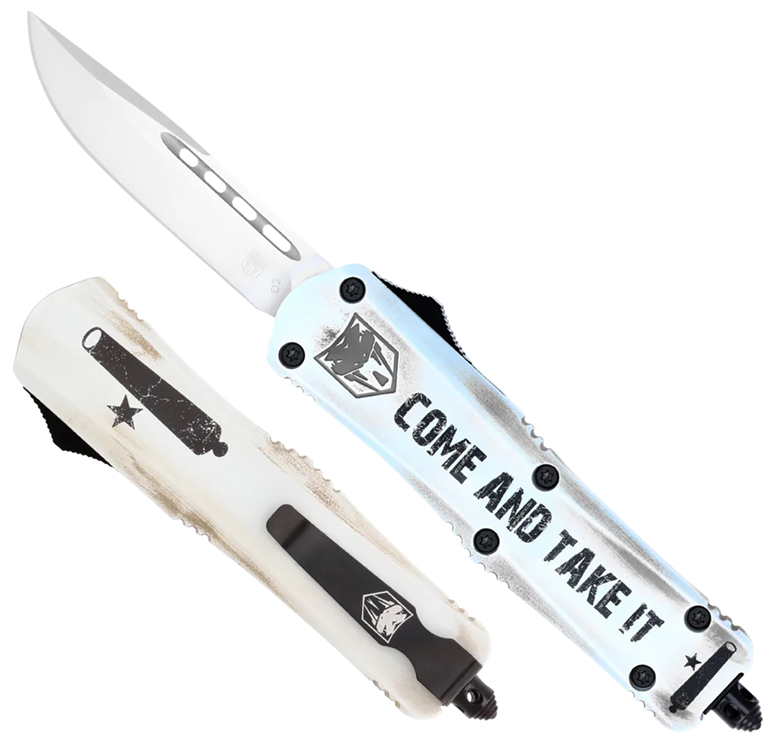 CobraTec Knives SCATIFS3DNS FS-3 Come And Take It Small 3" OTF Drop Point Plain D2 Steel Blade 4.50" White "Come And Take It" Aluminum Cerakoted Handle Includes Glass Breaker/Pocket Clip